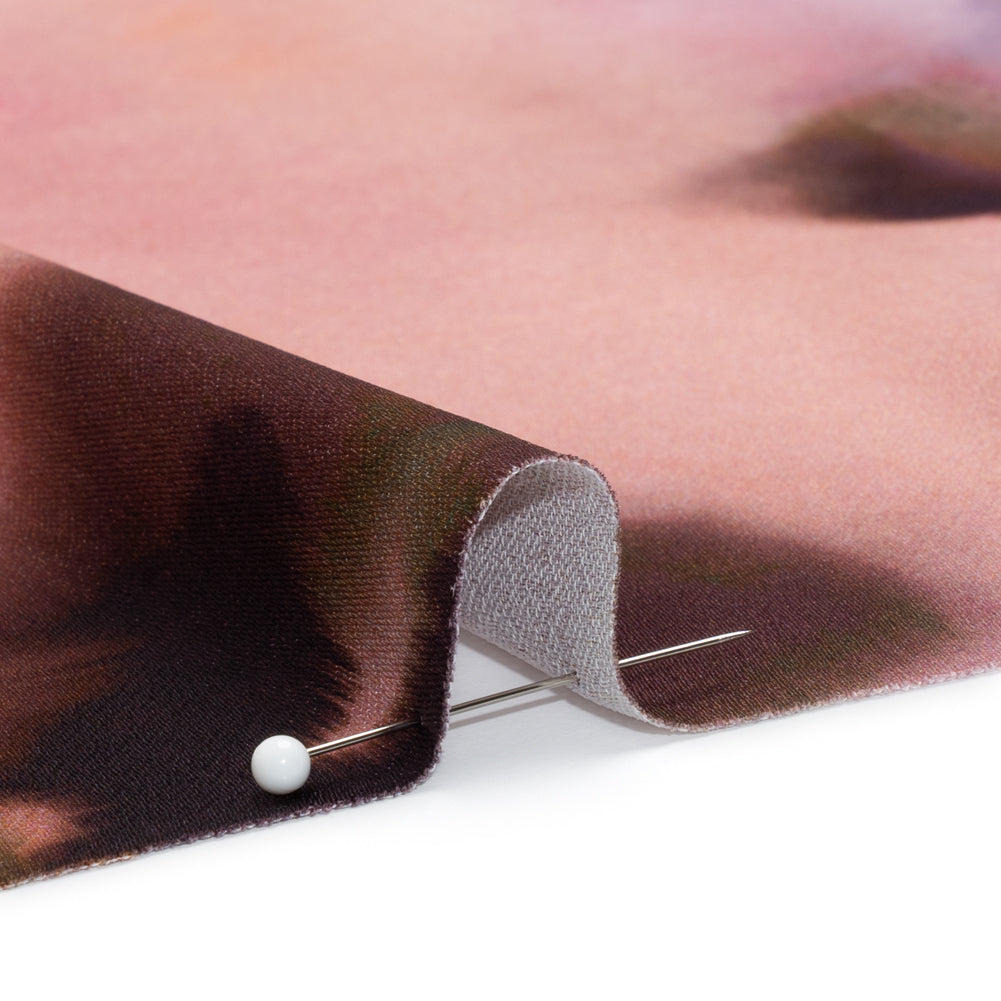 Polyester Crepe Back Satin - Pink and Dark Purple Watercolor Flowers - Made in Italy Detail Polyester Crepe Back Satin - Pink and Dark Purple Watercolor Flowers - Made in Italy Detail