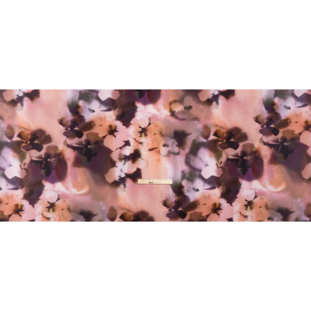 Polyester Crepe Back Satin - Pink and Dark Purple Watercolor Flowers - Made in Italy Full Polyester Crepe Back Satin - Pink and Dark Purple Watercolor Flowers - Made in Italy Full