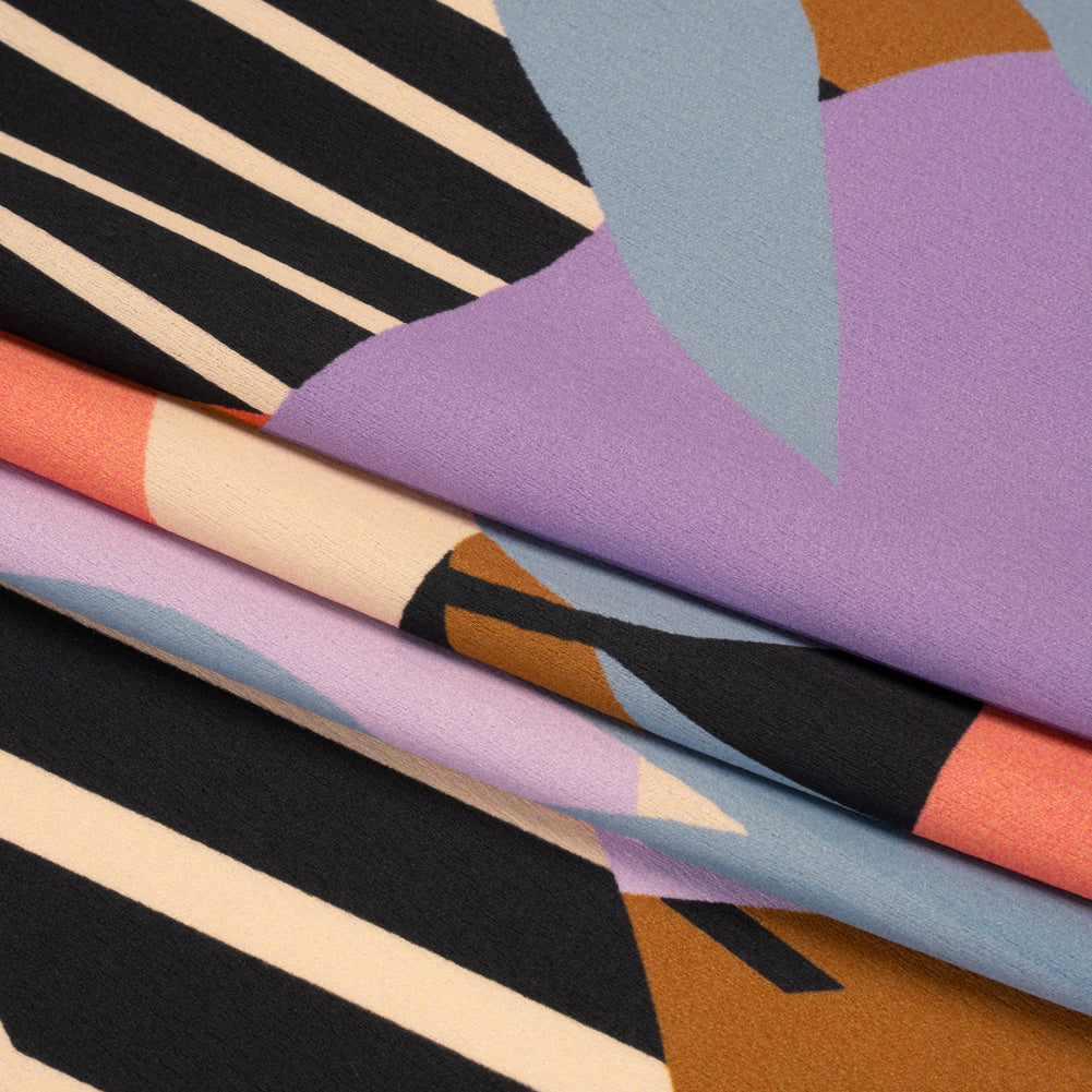 Polyester Crepe Back Satin - Blue, Lavender and Beige Leaves - Made in Italy Folded Polyester Crepe Back Satin - Blue, Lavender and Beige Leaves - Made in Italy Folded