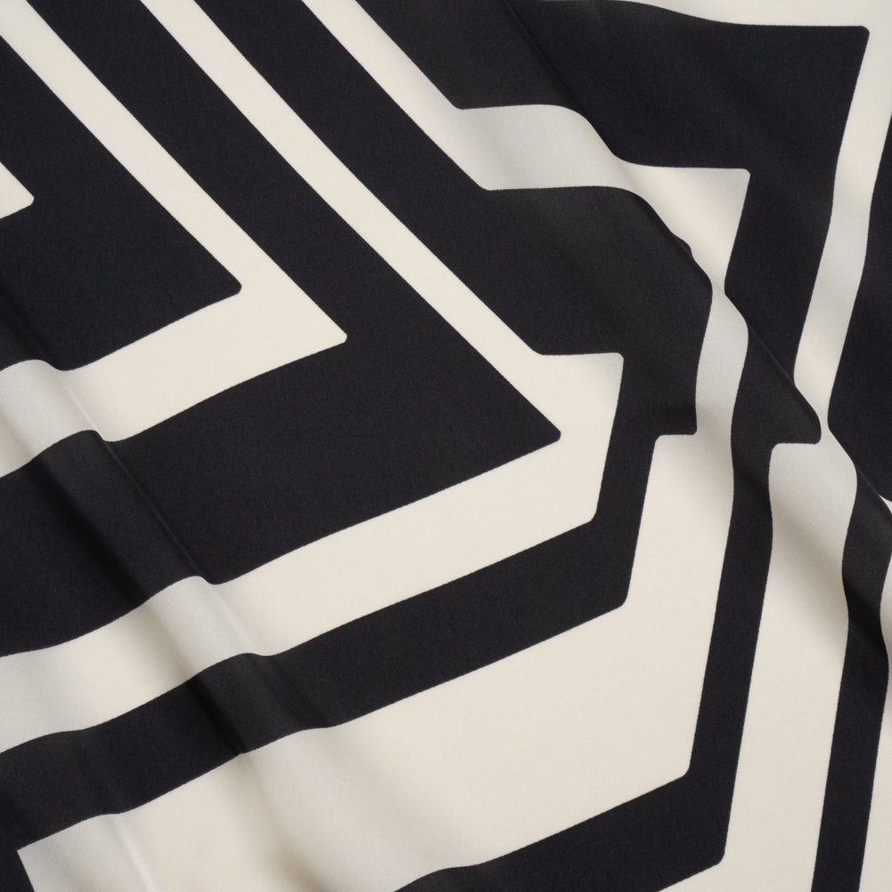 Satin-Faced Polyester Twill - Black and Ivory Geometric Stripes - Made in Italy Satin-Faced Polyester Twill - Black and Ivory Geometric Stripes - Made in Italy