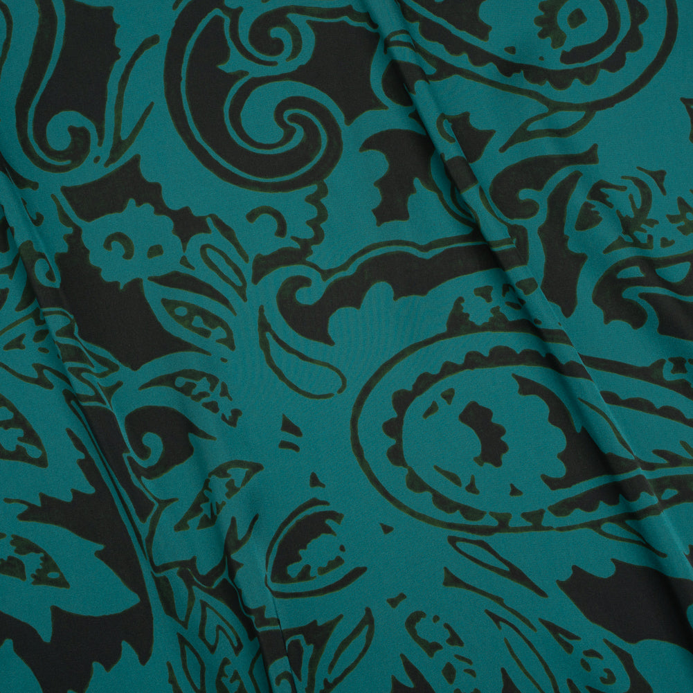 Polyester Charmeuse - Dark Green and Teal Paisley - Made in Italy Polyester Charmeuse - Dark Green and Teal Paisley - Made in Italy