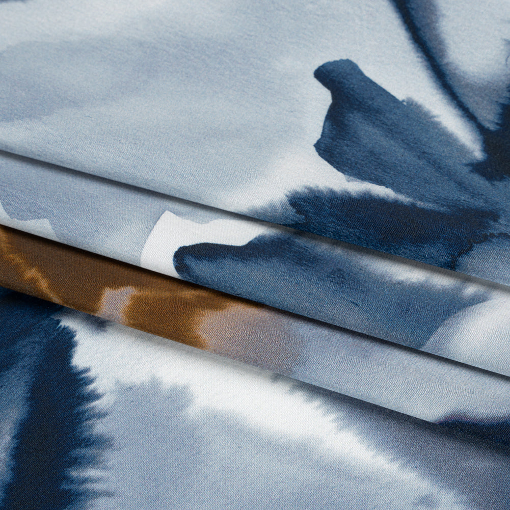 Satin-Faced Polyester Twill - Muted Blue and Brown Watercolor Flowers - Made in Italy Folded Satin-Faced Polyester Twill - Muted Blue and Brown Watercolor Flowers - Made in Italy Folded