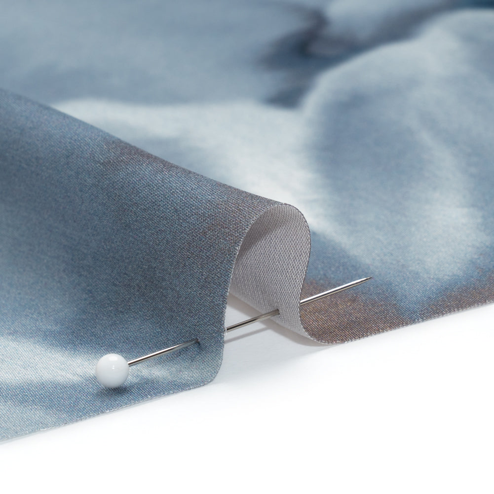 Satin-Faced Polyester Twill - Muted Blue and Brown Watercolor Flowers - Made in Italy Detail Satin-Faced Polyester Twill - Muted Blue and Brown Watercolor Flowers - Made in Italy Detail