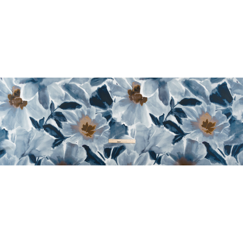 Satin-Faced Polyester Twill - Muted Blue and Brown Watercolor Flowers - Made in Italy Full Satin-Faced Polyester Twill - Muted Blue and Brown Watercolor Flowers - Made in Italy Full