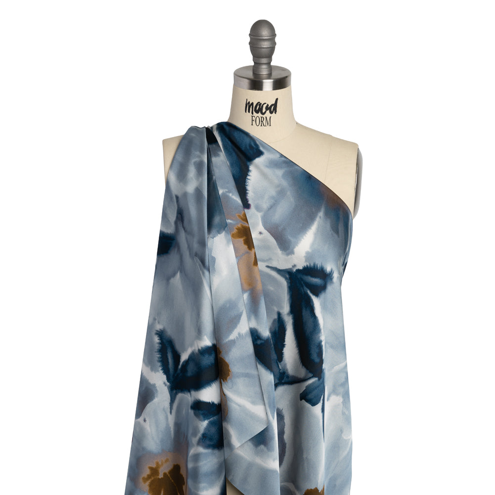 Satin-Faced Polyester Twill - Muted Blue and Brown Watercolor Flowers - Made in Italy Drape Satin-Faced Polyester Twill - Muted Blue and Brown Watercolor Flowers - Made in Italy Drape