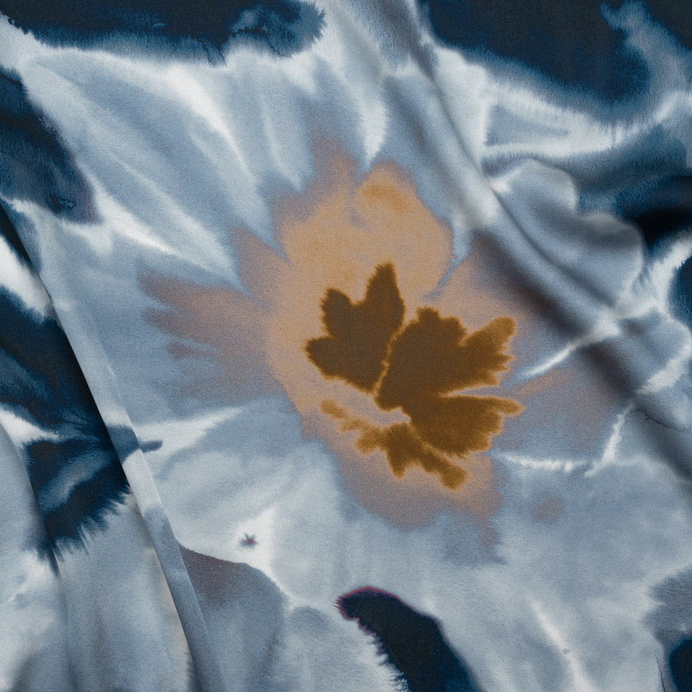 Satin-Faced Polyester Twill - Muted Blue and Brown Watercolor Flowers - Made in Italy Satin-Faced Polyester Twill - Muted Blue and Brown Watercolor Flowers - Made in Italy