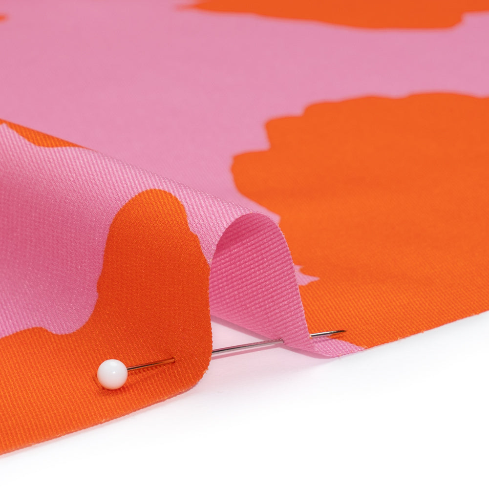 Polyester Twill - Pink and Red-Orange Florals and Striped Borders - Made in Italy Detail Polyester Twill - Pink and Red-Orange Florals and Striped Borders - Made in Italy Detail