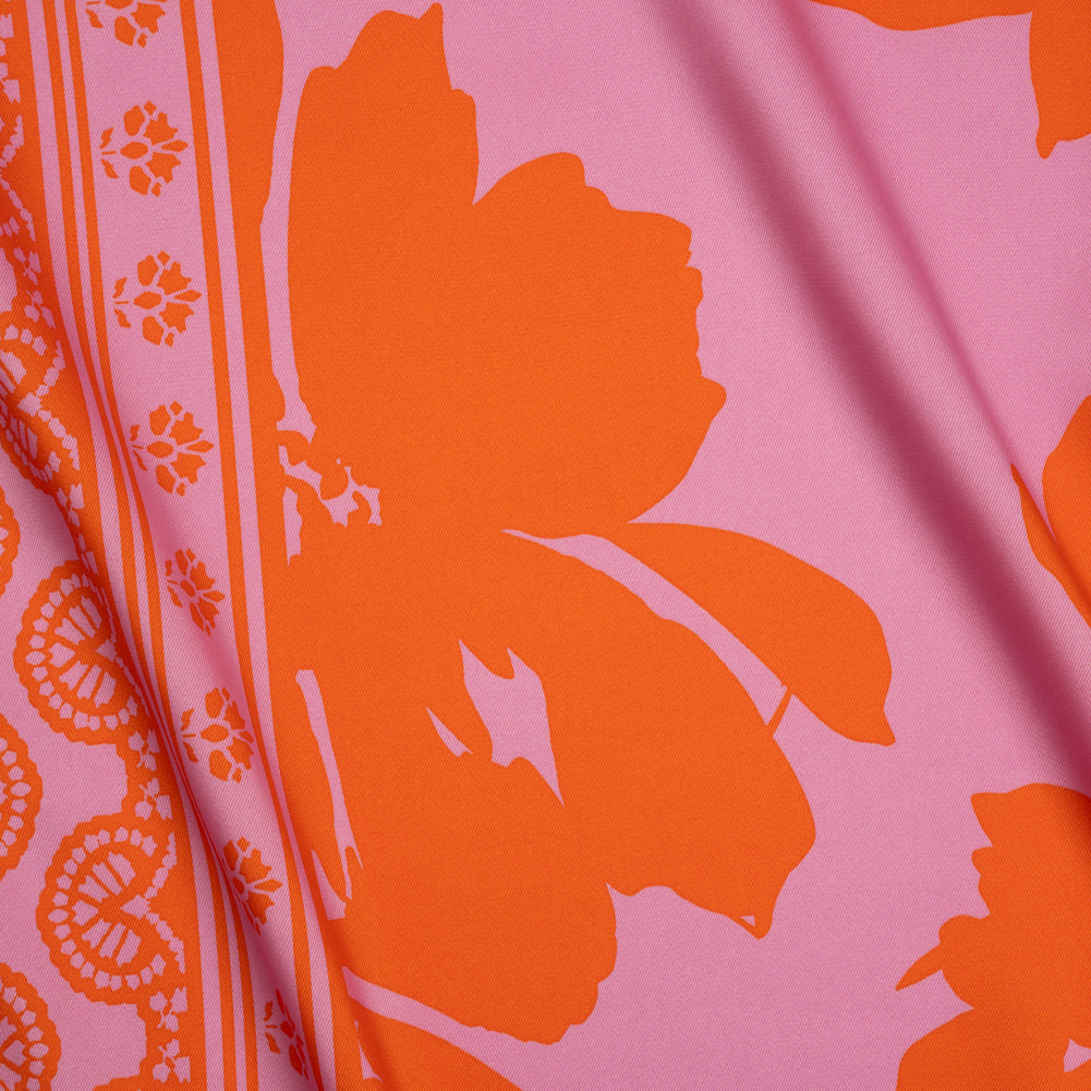Polyester Twill - Pink and Red-Orange Florals and Striped Borders - Made in Italy Polyester Twill - Pink and Red-Orange Florals and Striped Borders - Made in Italy