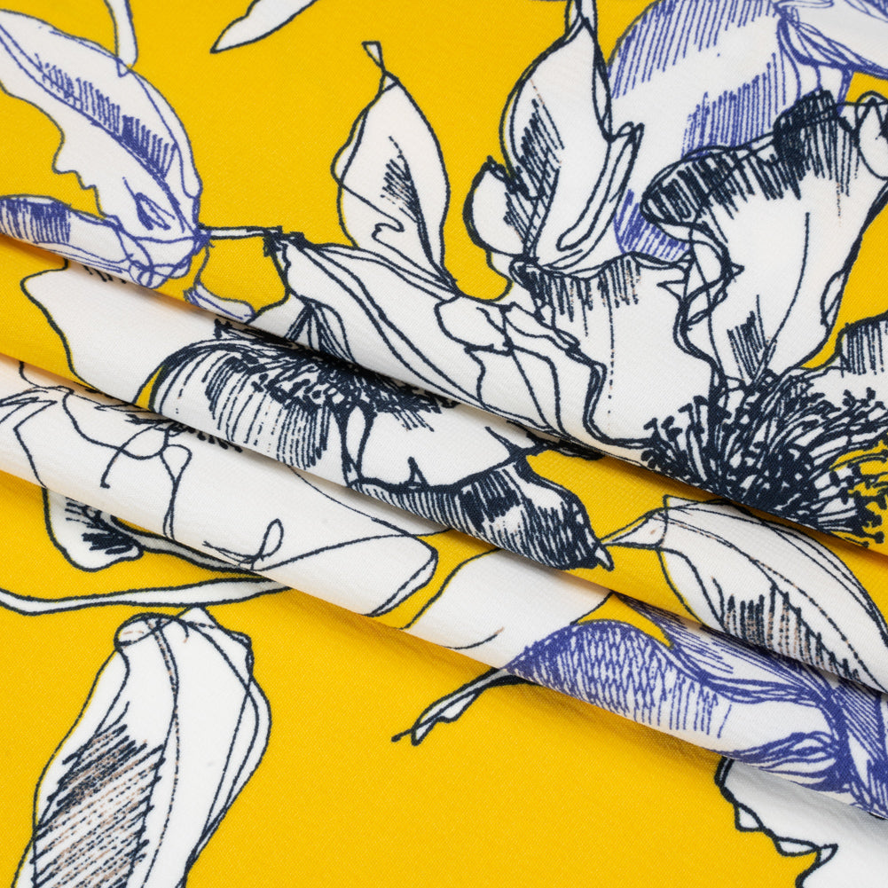 Polyester Satin-Backed Crepe - Yellow, Navy and Black Floral Sketches - Made in Italy Folded Polyester Satin-Backed Crepe - Yellow, Navy and Black Floral Sketches - Made in Italy Folded