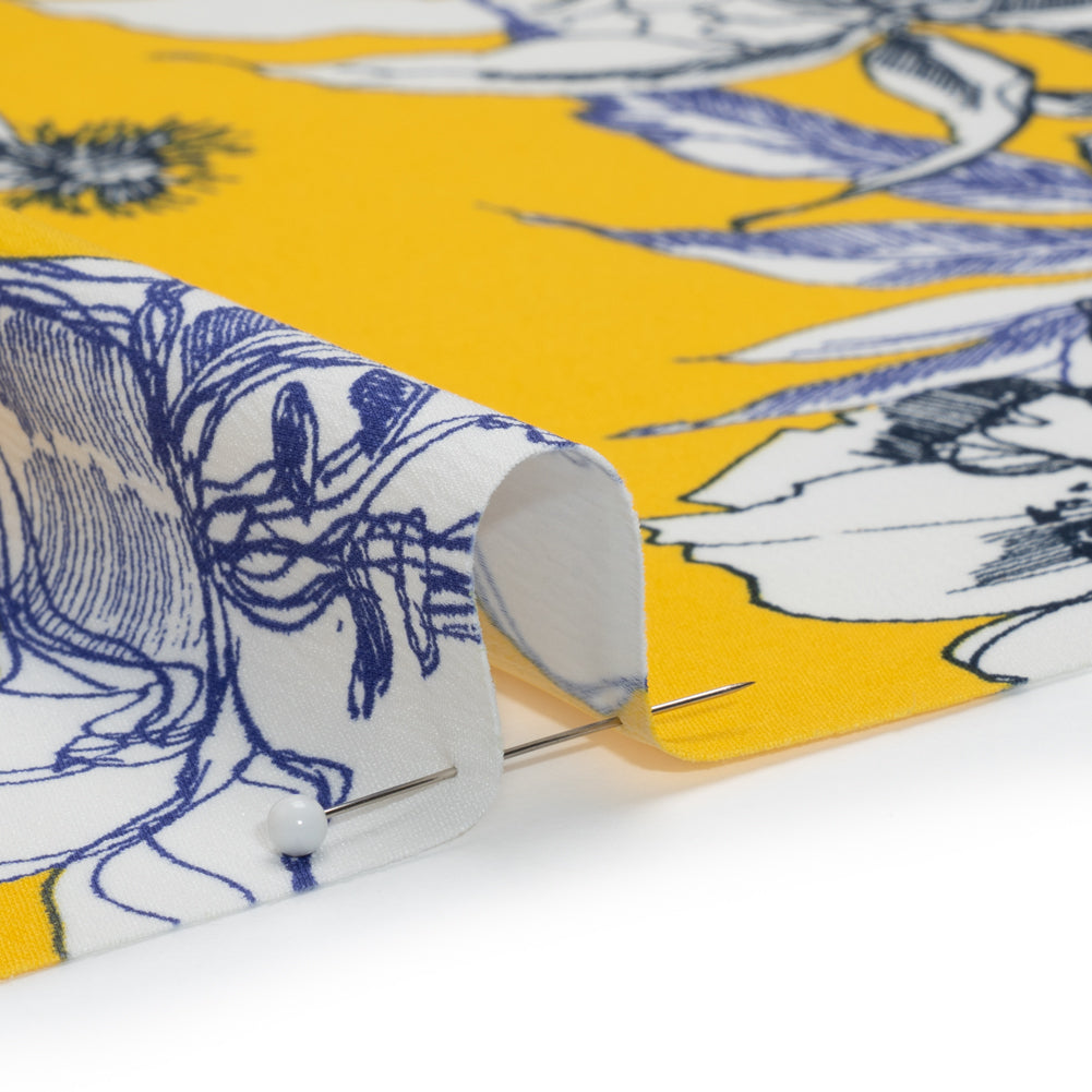 Polyester Satin-Backed Crepe - Yellow, Navy and Black Floral Sketches - Made in Italy Detail Polyester Satin-Backed Crepe - Yellow, Navy and Black Floral Sketches - Made in Italy Detail