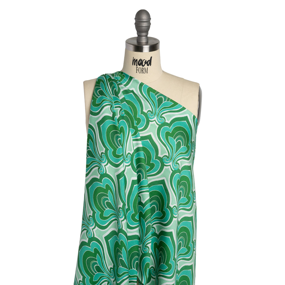 Rayon Batiste - Green and Teal Retro Palmette Floral - Made in Italy Detail Rayon Batiste - Green and Teal Retro Palmette Floral - Made in Italy Detail
