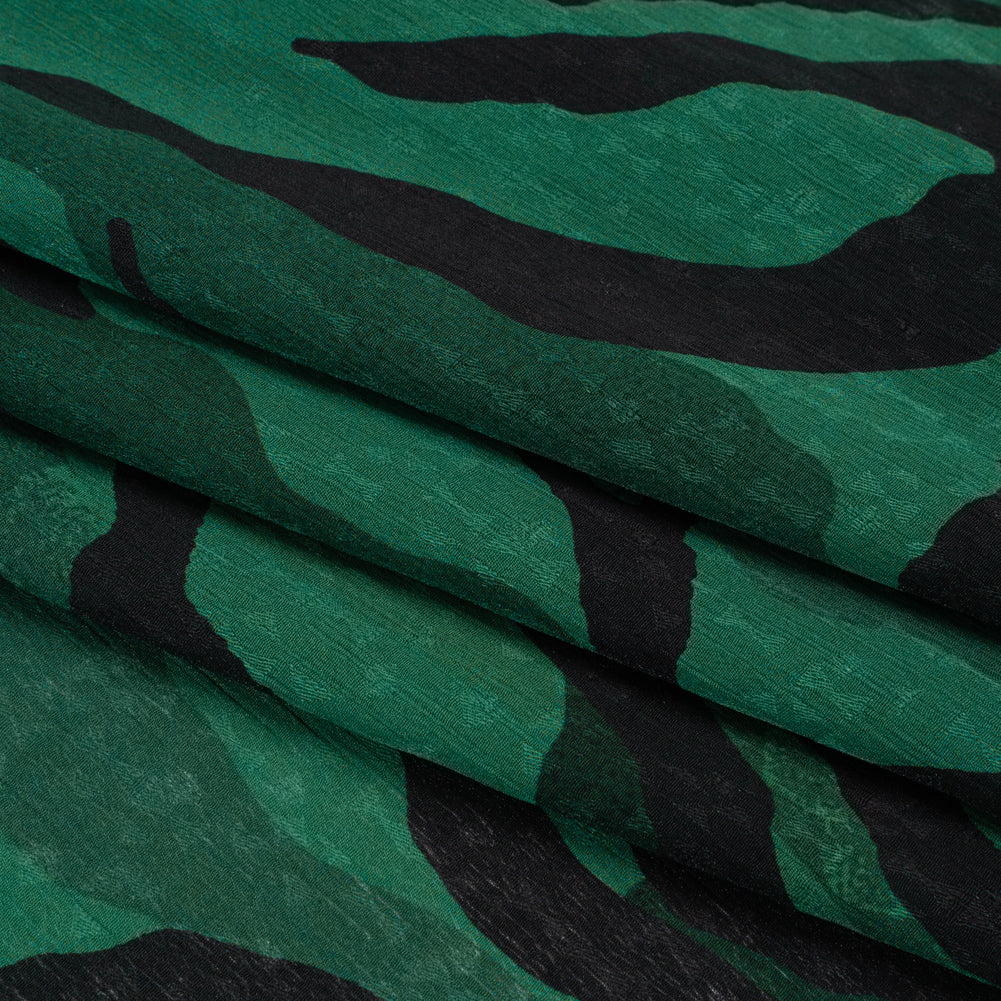 Geometric Crinkled Polyester Jacquard - Green and Black Animal Stripes - Made in Italy Folded Geometric Crinkled Polyester Jacquard - Green and Black Animal Stripes - Made in Italy Folded