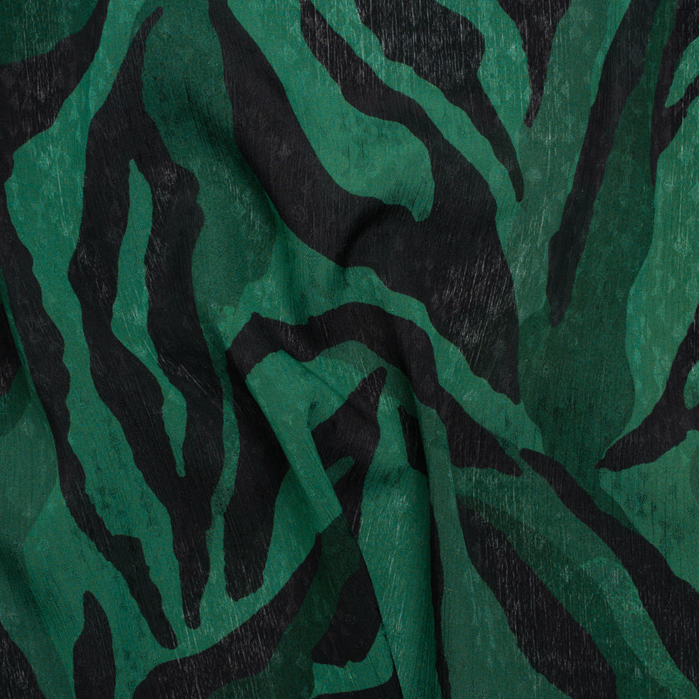 Geometric Crinkled Polyester Jacquard - Green and Black Animal Stripes - Made in Italy Geometric Crinkled Polyester Jacquard - Green and Black Animal Stripes - Made in Italy