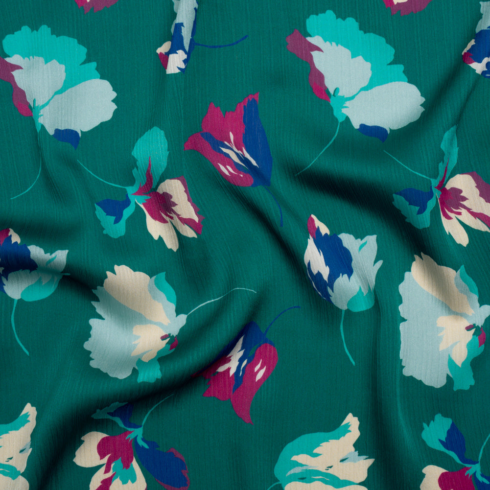 Crinkled Polyester Charmeuse - Teal, Blue and Magenta Floral - Made in Italy Crinkled Polyester Charmeuse - Teal, Blue and Magenta Floral - Made in Italy
