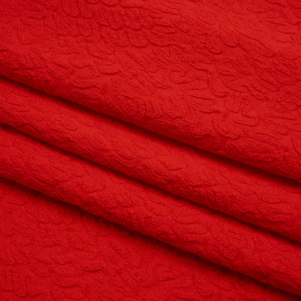 Stretch Polyester Jacquard Knit by Mara Hoffman - Red Orange Squiggles - Designer Deadstock - Folded Stretch Polyester Jacquard Knit by Mara Hoffman - Red Orange Squiggles - Designer Deadstock - Folded