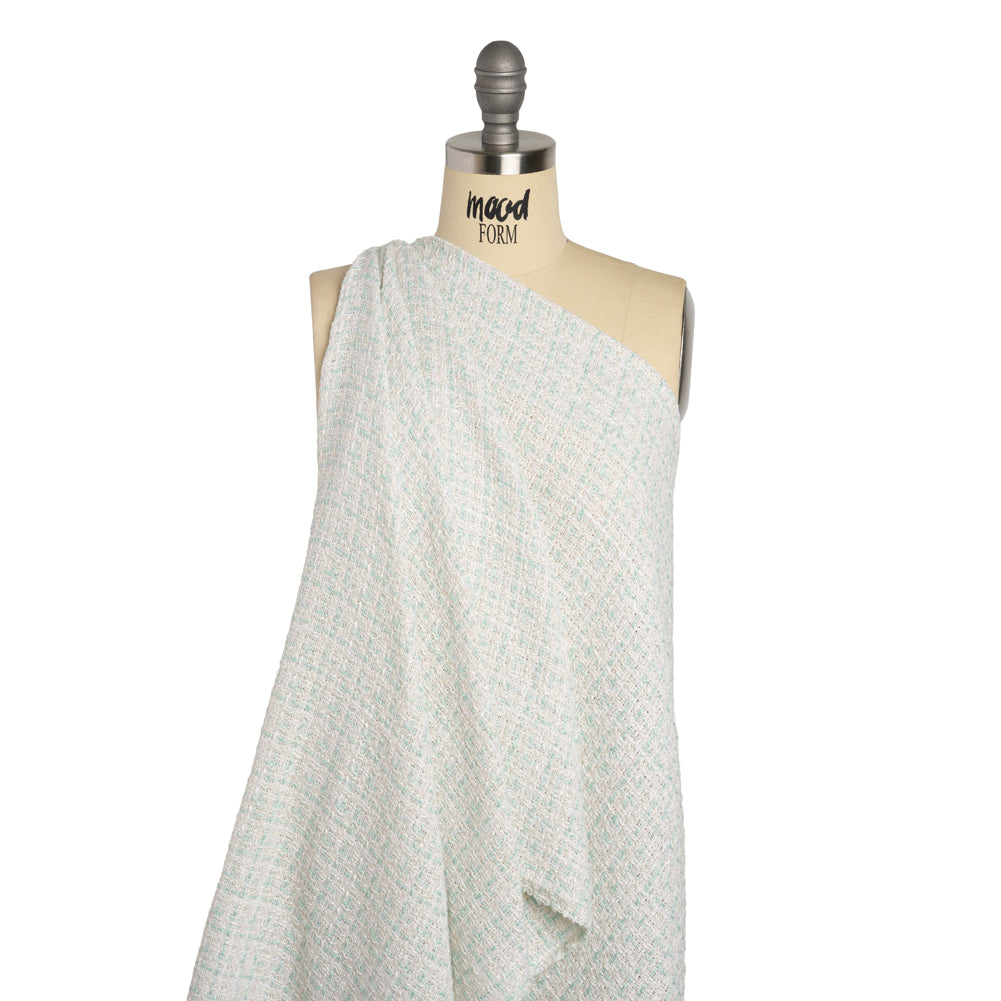 Metallic Polyester Tweed - Gold, White and Seafoam Plaid - Deadstock Metallic Polyester Tweed - Gold, White and Seafoam Plaid - Deadstock