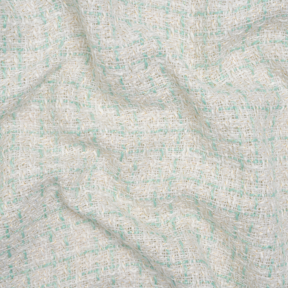 Metallic Polyester Tweed - Gold, White and Seafoam Plaid - Deadstock Metallic Polyester Tweed - Gold, White and Seafoam Plaid - Deadstock