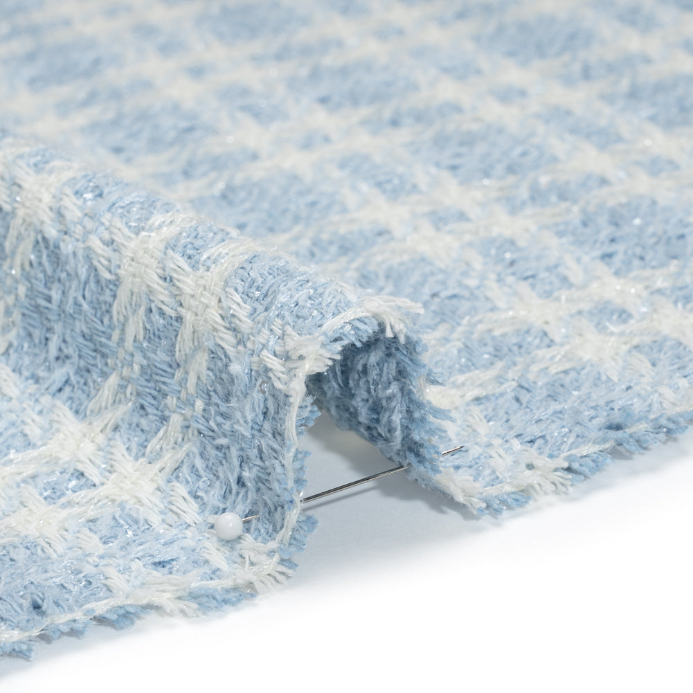 Cotton and Polyester Plaid Tweed with Baby Sequins and Eyelash Fringe - Baby Blue and White - Deadstock Cotton and Polyester Plaid Tweed with Baby Sequins and Eyelash Fringe - Baby Blue and White - Deadstock