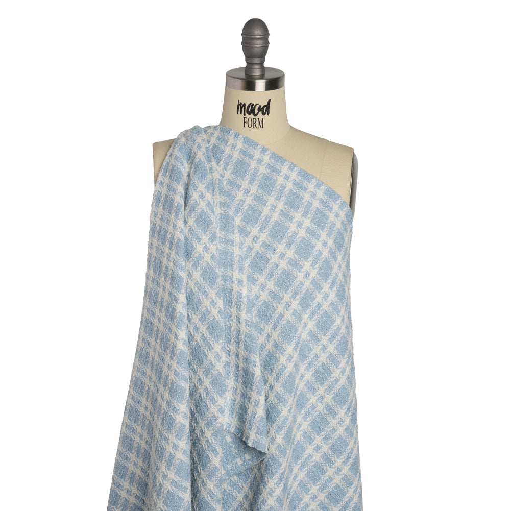 Cotton and Polyester Plaid Tweed with Baby Sequins and Eyelash Fringe - Baby Blue and White - Deadstock Cotton and Polyester Plaid Tweed with Baby Sequins and Eyelash Fringe - Baby Blue and White - Deadstock
