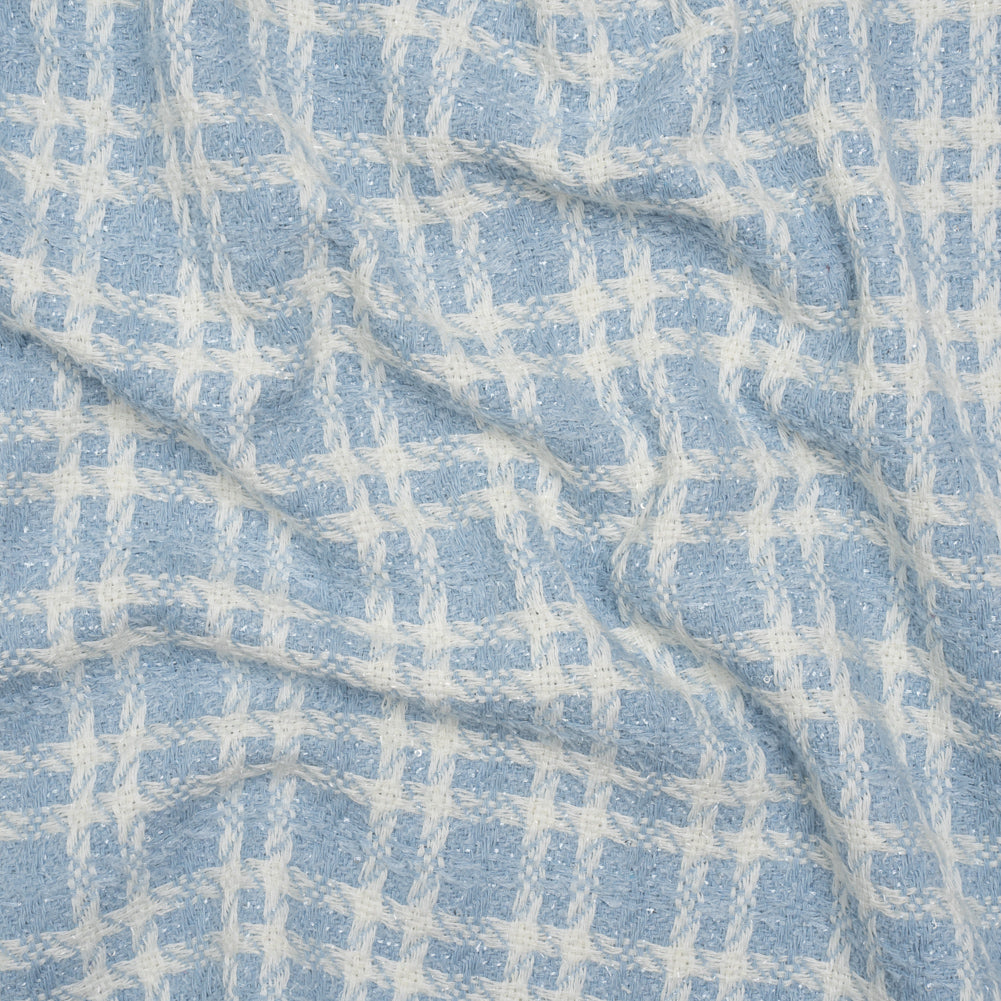 Cotton and Polyester Plaid Tweed with Baby Sequins and Eyelash Fringe - Baby Blue and White - Deadstock Cotton and Polyester Plaid Tweed with Baby Sequins and Eyelash Fringe - Baby Blue and White - Deadstock