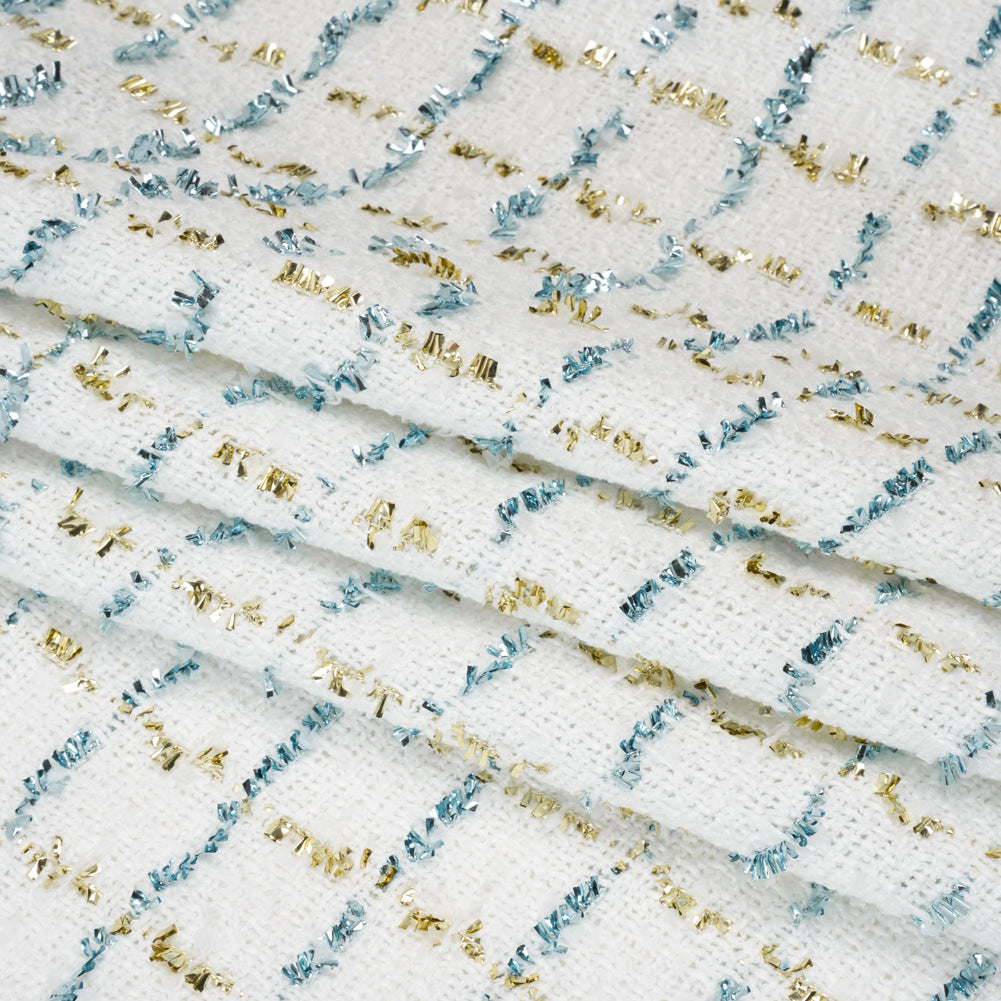 Polyester Boucle Tweed with Plaid Metallic Eyelash Fringe - White, Sky Blue and Gold - Deadstock - Folded Polyester Boucle Tweed with Plaid Metallic Eyelash Fringe - White, Sky Blue and Gold - Deadstock - Folded