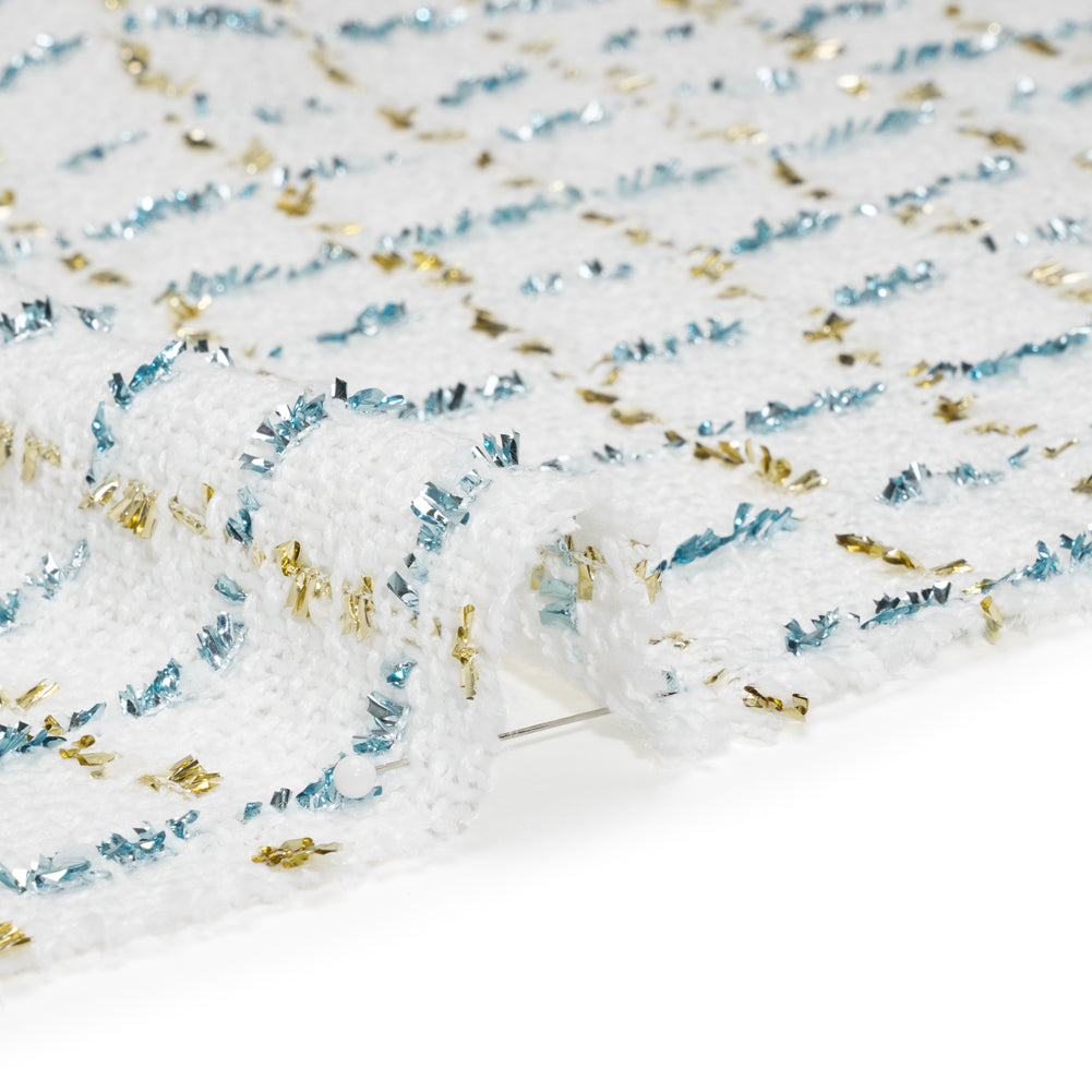 Polyester Boucle Tweed with Plaid Metallic Eyelash Fringe - White, Sky Blue and Gold - Deadstock - Detail Polyester Boucle Tweed with Plaid Metallic Eyelash Fringe - White, Sky Blue and Gold - Deadstock - Detail