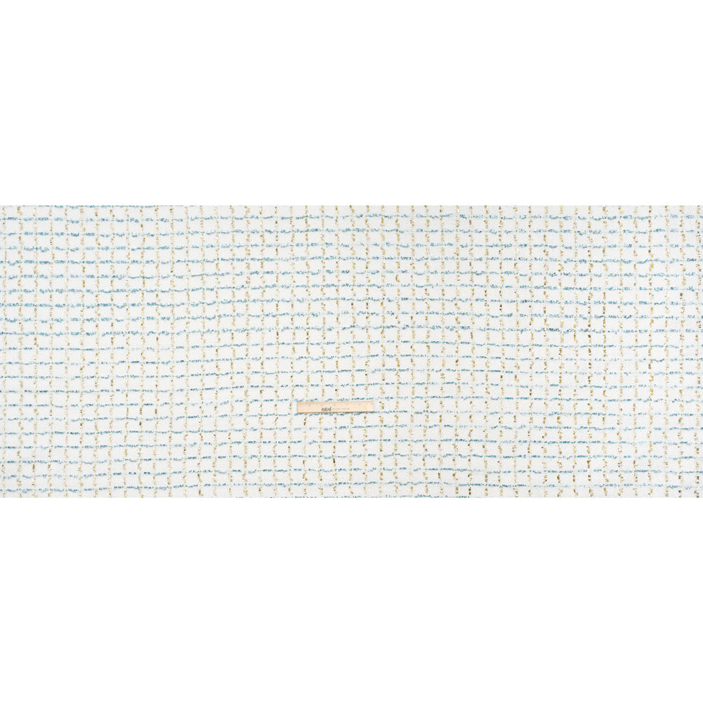 Polyester Boucle Tweed with Plaid Metallic Eyelash Fringe - White, Sky Blue and Gold - Deadstock - Full Polyester Boucle Tweed with Plaid Metallic Eyelash Fringe - White, Sky Blue and Gold - Deadstock - Full