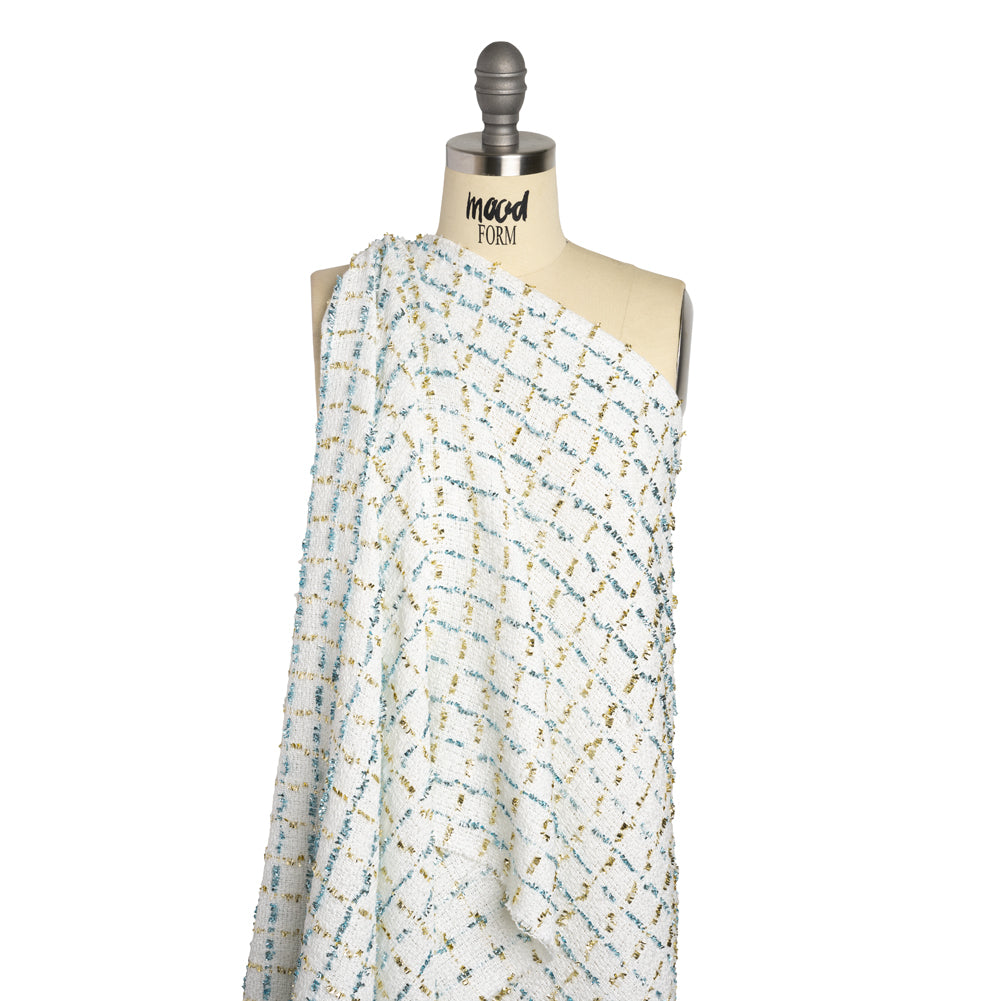 Polyester Boucle Tweed with Plaid Metallic Eyelash Fringe - White, Sky Blue and Gold - Deadstock - Drape Polyester Boucle Tweed with Plaid Metallic Eyelash Fringe - White, Sky Blue and Gold - Deadstock - Drape