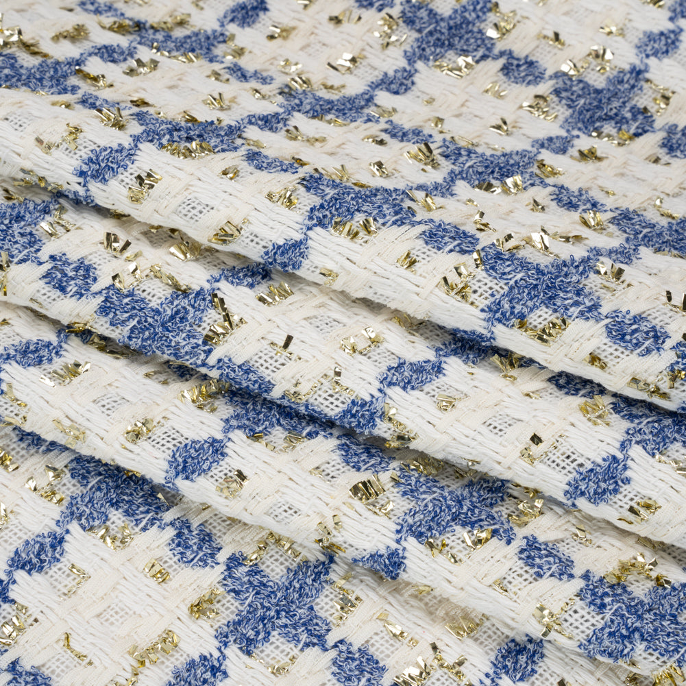 Polyester Boucle Tweed with Metallic Eyelash Fringe - White, Cobalt Blue and Gold Plaid - Deadstock Polyester Boucle Tweed with Metallic Eyelash Fringe - White, Cobalt Blue and Gold Plaid - Deadstock