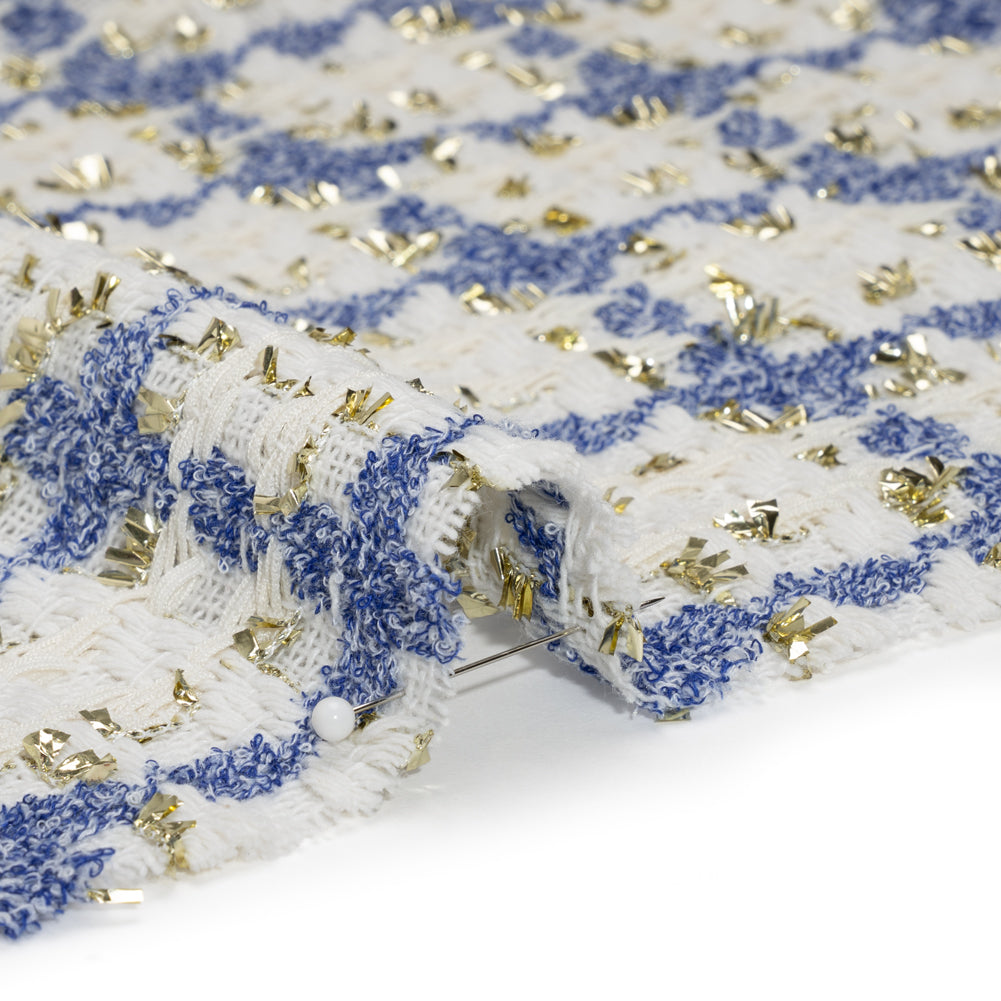 Polyester Boucle Tweed with Metallic Eyelash Fringe - White, Cobalt Blue and Gold Plaid - Deadstock Polyester Boucle Tweed with Metallic Eyelash Fringe - White, Cobalt Blue and Gold Plaid - Deadstock
