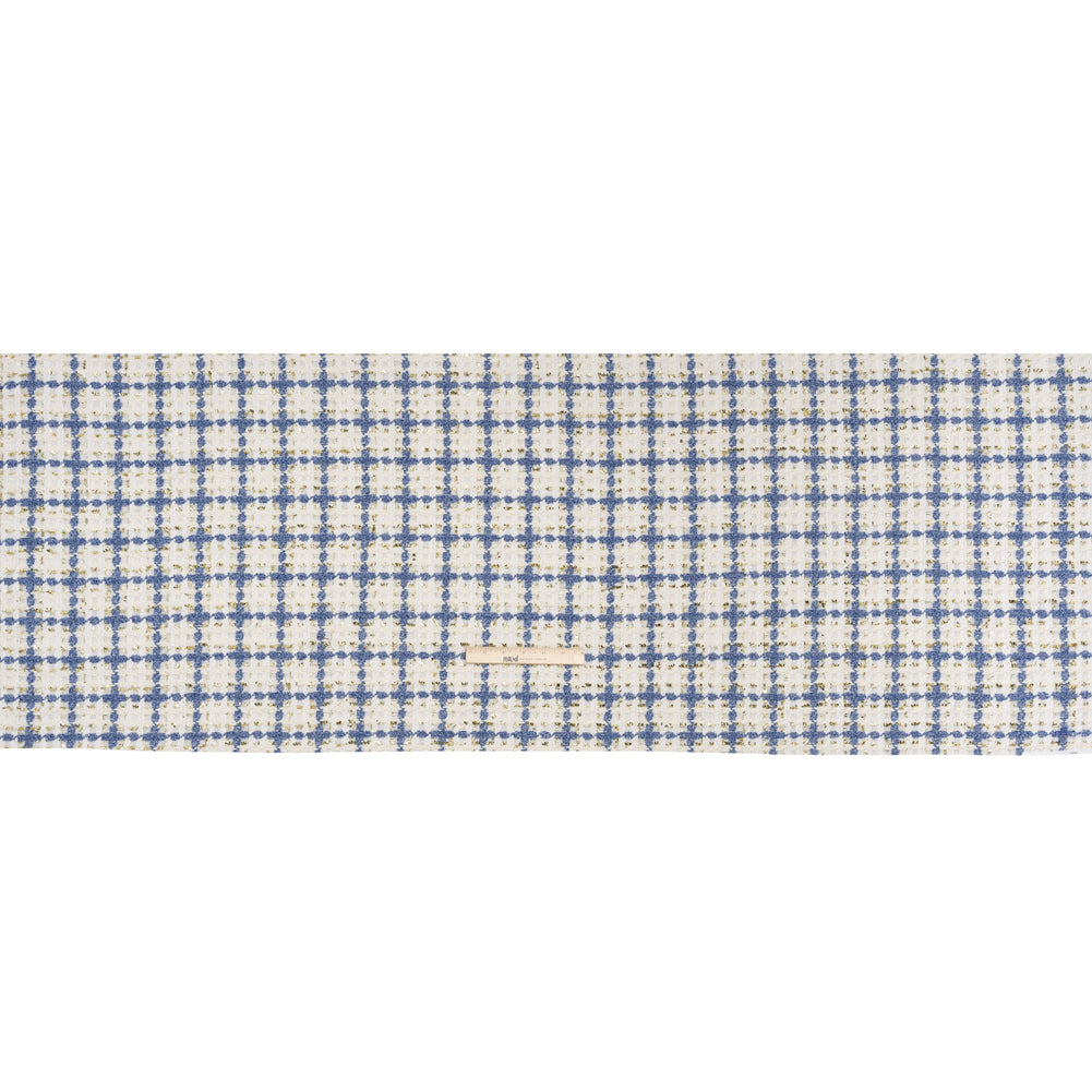 Polyester Boucle Tweed with Metallic Eyelash Fringe - White, Cobalt Blue and Gold Plaid - Deadstock Polyester Boucle Tweed with Metallic Eyelash Fringe - White, Cobalt Blue and Gold Plaid - Deadstock
