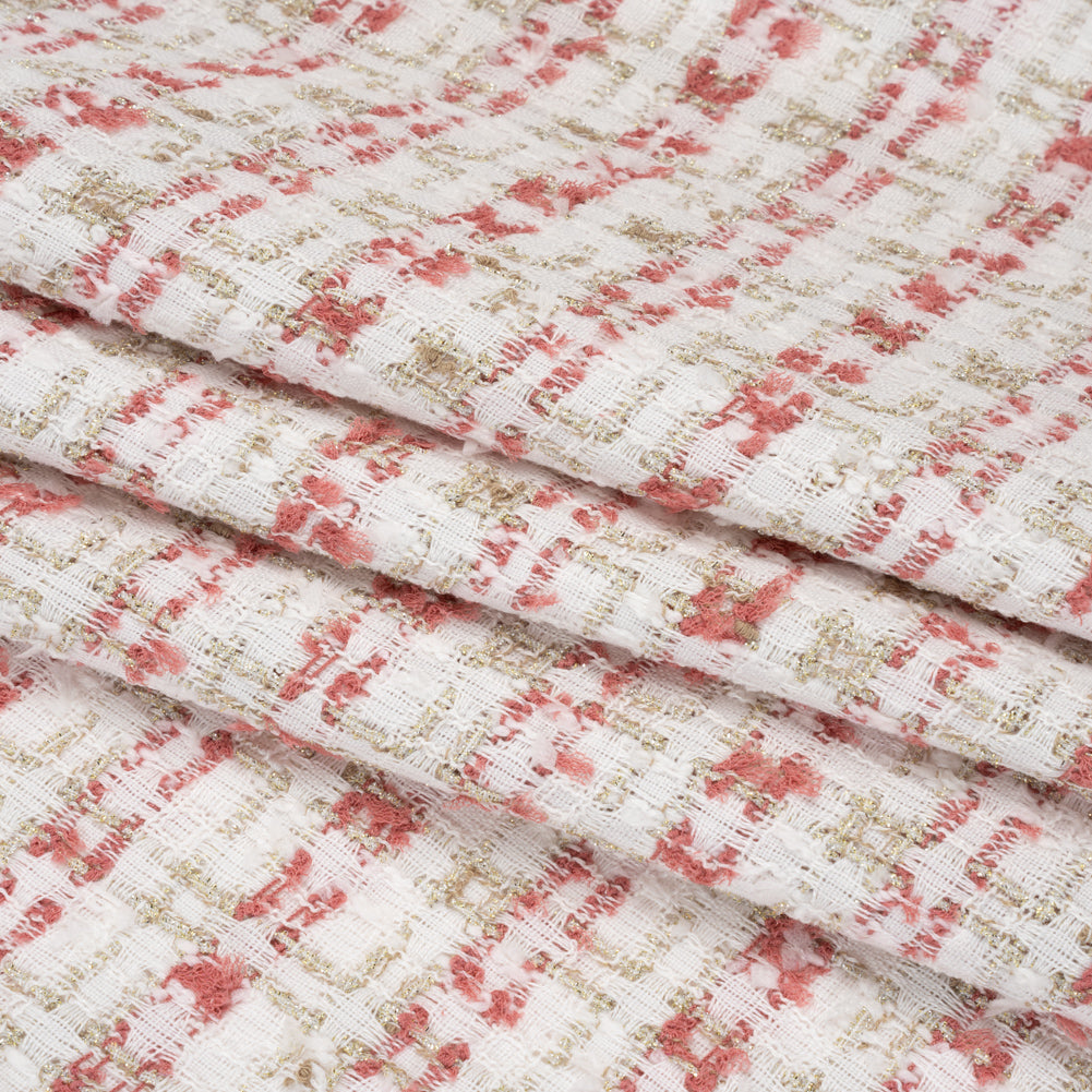 Metallic Polyester and Acrylic Tweed - White, Dusty Rose and Gold Plaid - Deadstock Metallic Polyester and Acrylic Tweed - White, Dusty Rose and Gold Plaid - Deadstock