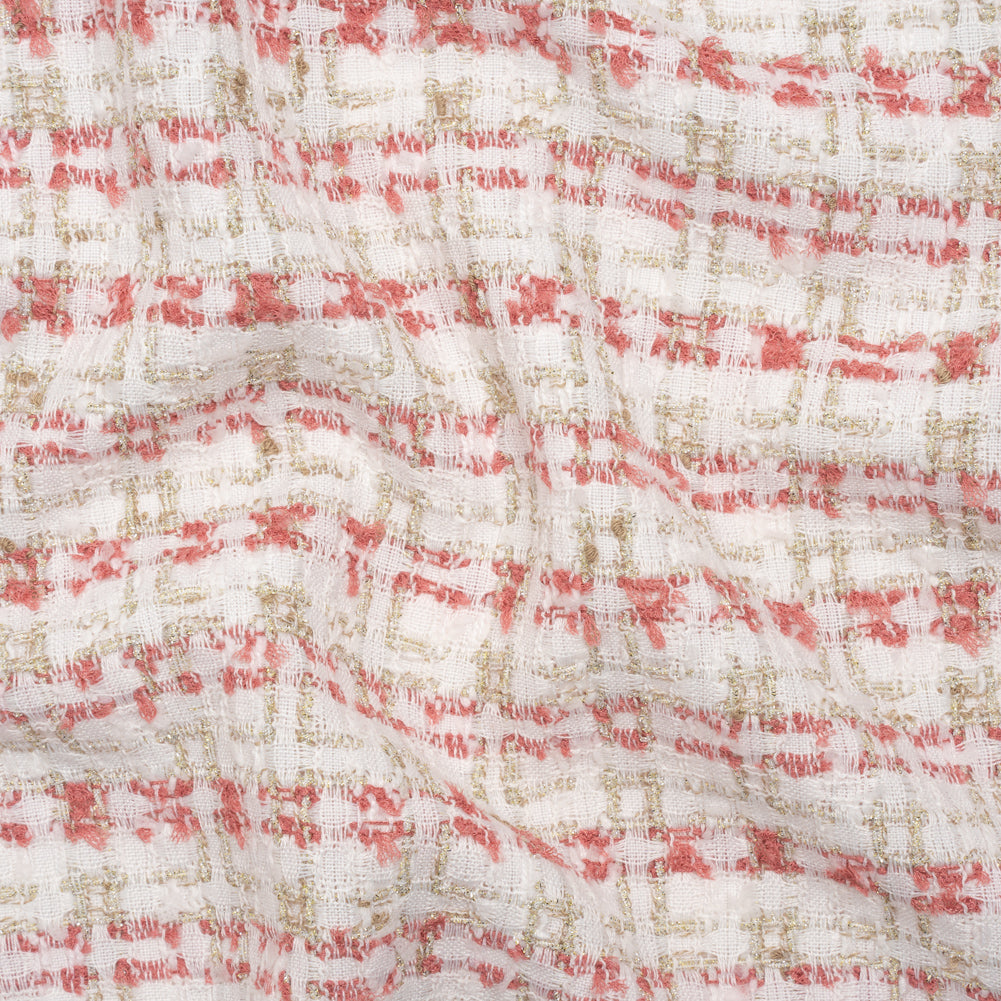 Metallic Polyester and Acrylic Tweed - White, Dusty Rose and Gold Plaid - Deadstock Metallic Polyester and Acrylic Tweed - White, Dusty Rose and Gold Plaid - Deadstock