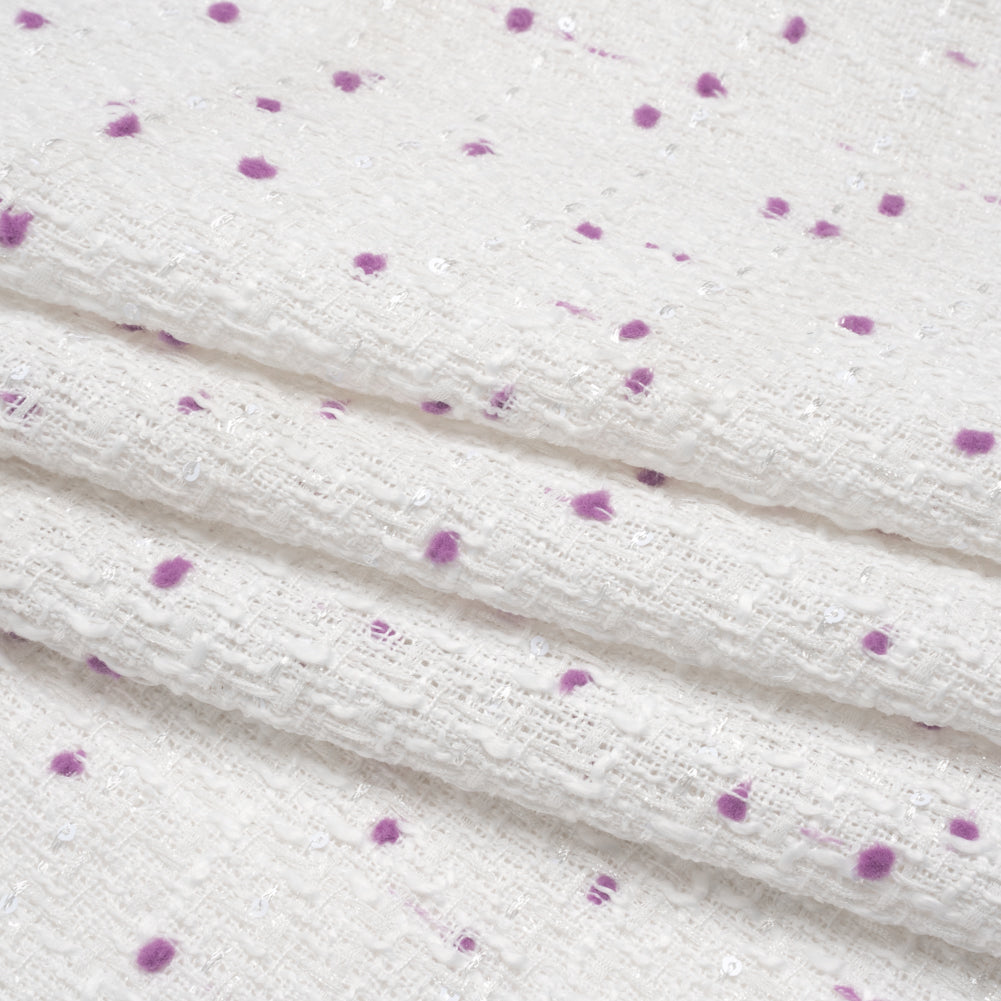 Polyester Pom Pom Tweed with Baby Sequins - White and Lavender Purple - Deadstock Polyester Pom Pom Tweed with Baby Sequins - White and Lavender Purple - Deadstock
