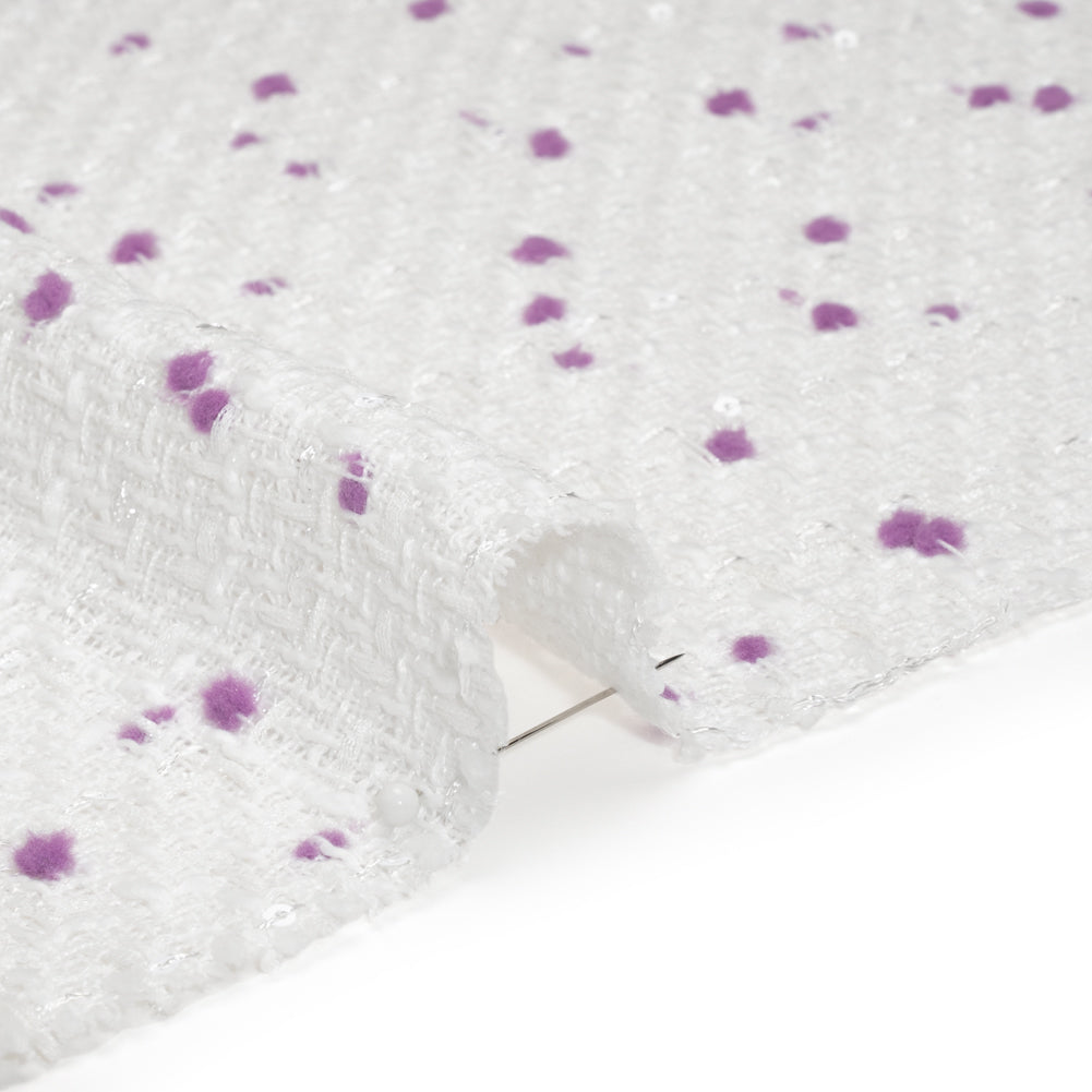 Polyester Pom Pom Tweed with Baby Sequins - White and Lavender Purple - Deadstock Polyester Pom Pom Tweed with Baby Sequins - White and Lavender Purple - Deadstock