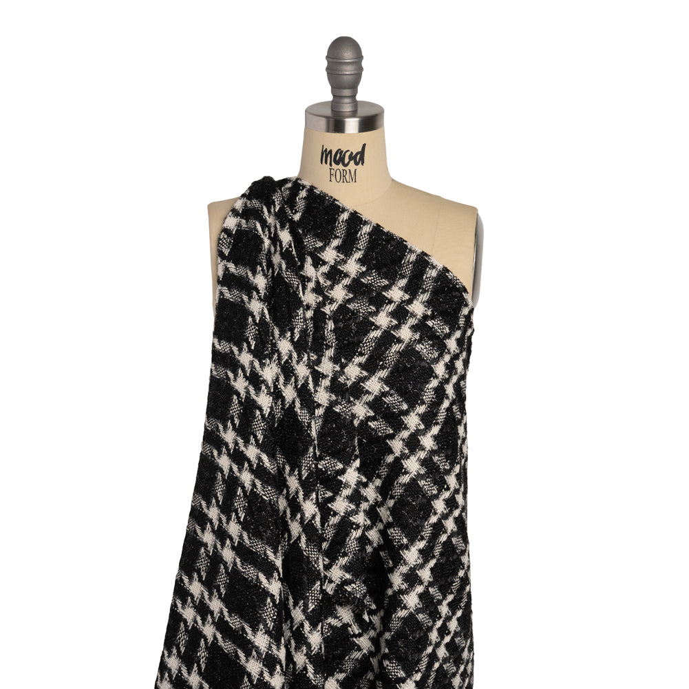 Metallic Tweed with Eyelash Fringe - Black and White Plaid - Deadstock Metallic Tweed with Eyelash Fringe - Black and White Plaid - Deadstock
