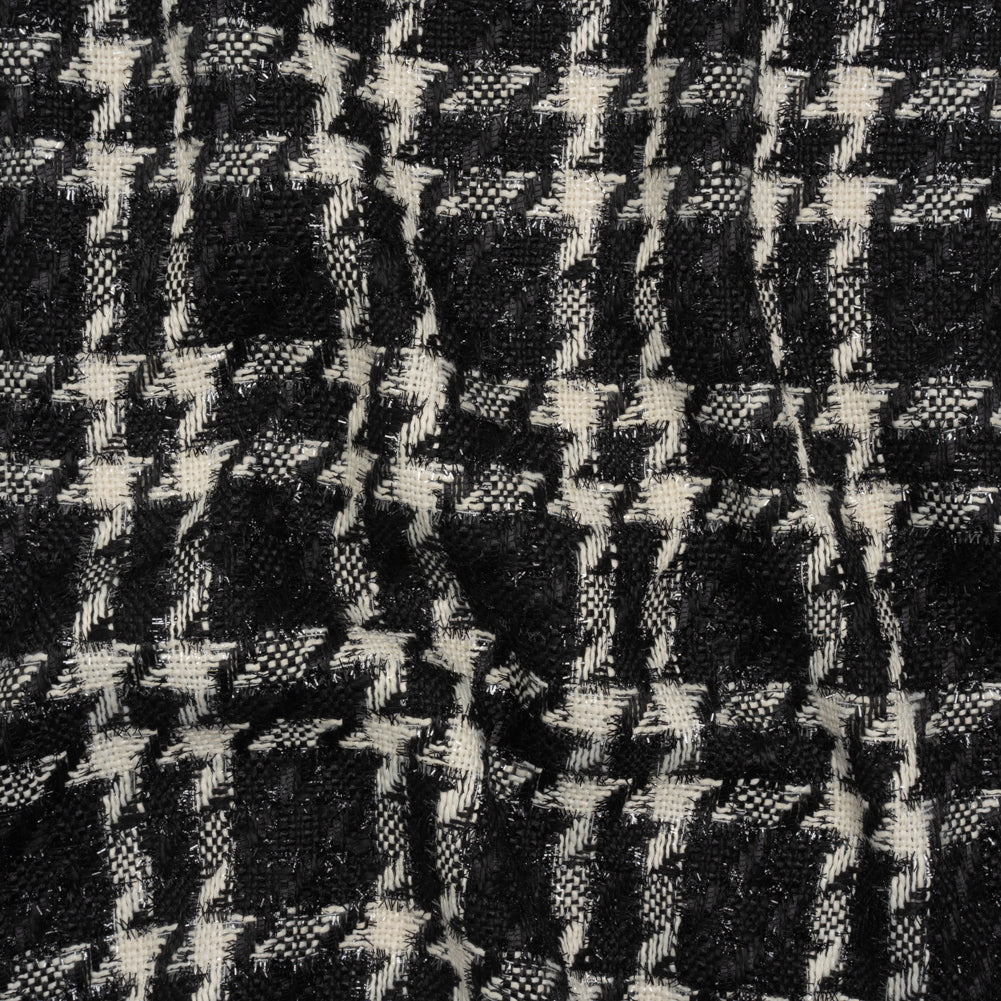 Metallic Tweed with Eyelash Fringe - Black and White Plaid - Deadstock Metallic Tweed with Eyelash Fringe - Black and White Plaid - Deadstock