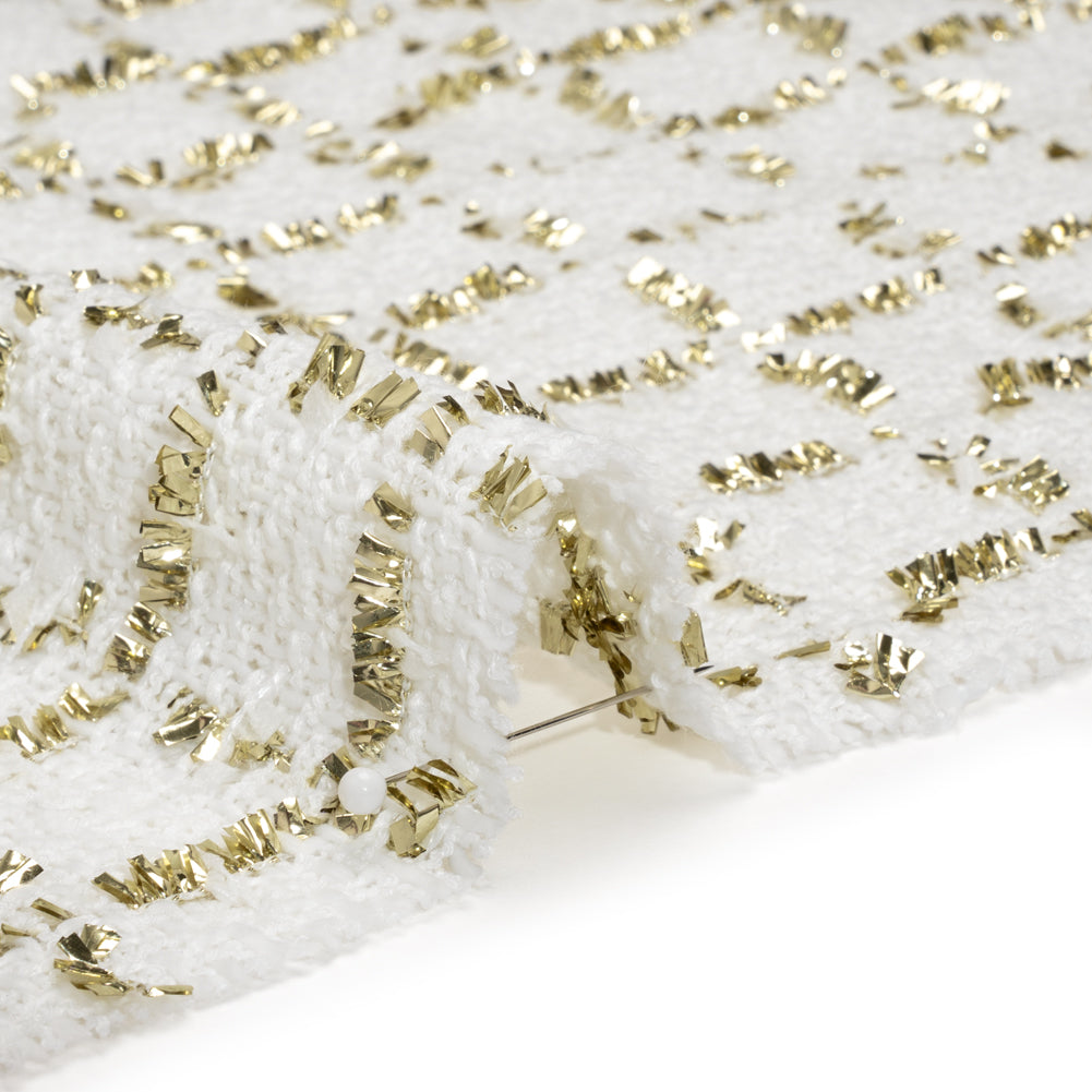 Polyester Boucle Tweed with Plaid Metallic Eyelash Fringe - White and Gold - Deadstock Polyester Boucle Tweed with Plaid Metallic Eyelash Fringe - White and Gold - Deadstock
