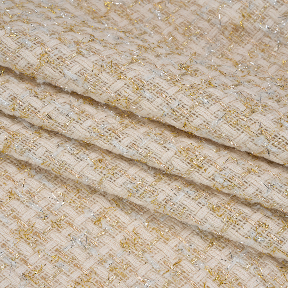 Wool Blend Tweed with Silver and Gold Eyelash Fringe - Cream Checks - Deadstock Wool Blend Tweed with Silver and Gold Eyelash Fringe - Cream Checks - Deadstock