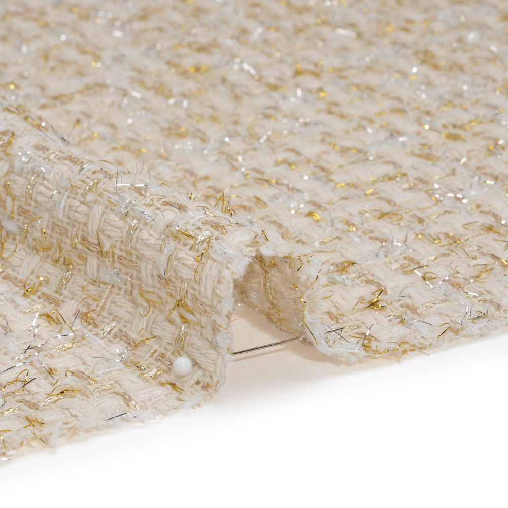 Wool Blend Tweed with Silver and Gold Eyelash Fringe - Cream Checks - Deadstock Wool Blend Tweed with Silver and Gold Eyelash Fringe - Cream Checks - Deadstock