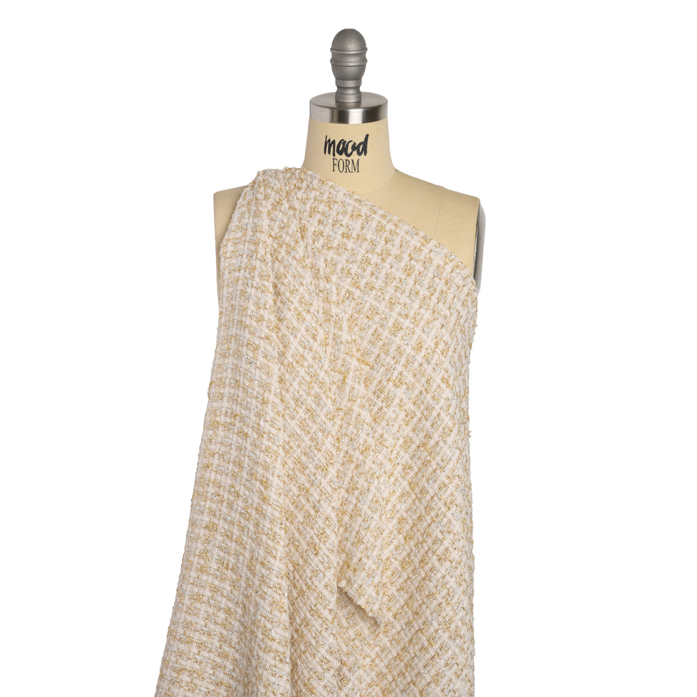 Wool Blend Tweed with Silver and Gold Eyelash Fringe - Cream Checks - Deadstock Wool Blend Tweed with Silver and Gold Eyelash Fringe - Cream Checks - Deadstock