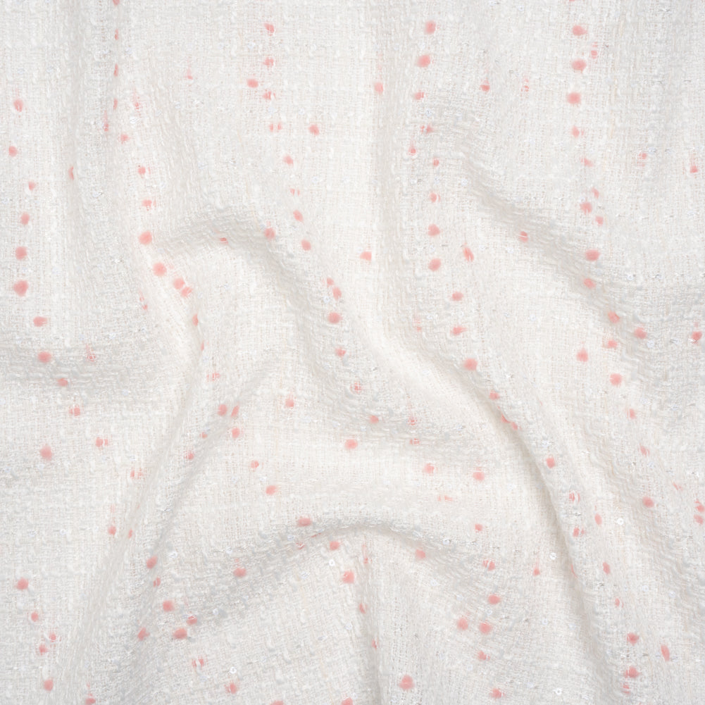 Polyester Pom Pom Tweed with Baby Sequins - White and Pale Pink - Deadstock Polyester Pom Pom Tweed with Baby Sequins - White and Pale Pink - Deadstock