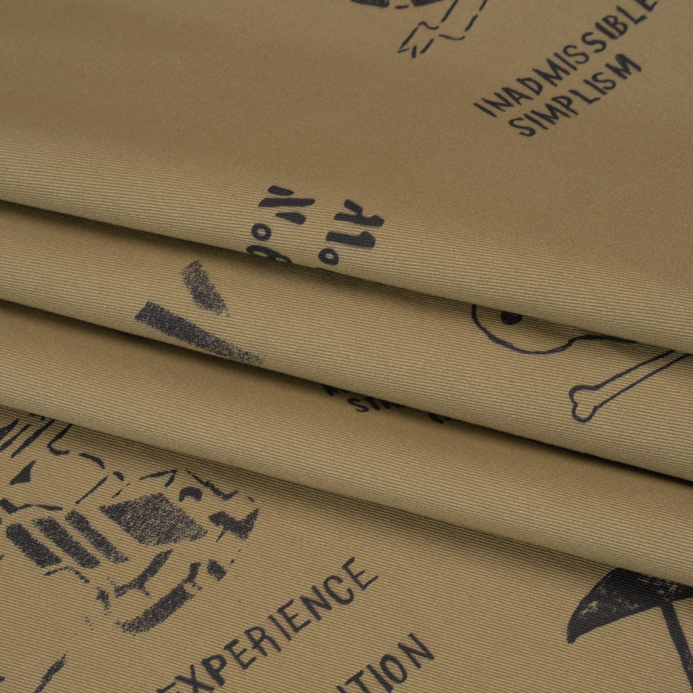 Cotton Twill Print - Khaki and Black Sketches and Stencils - Deadstock Cotton Twill Print - Khaki and Black Sketches and Stencils - Deadstock