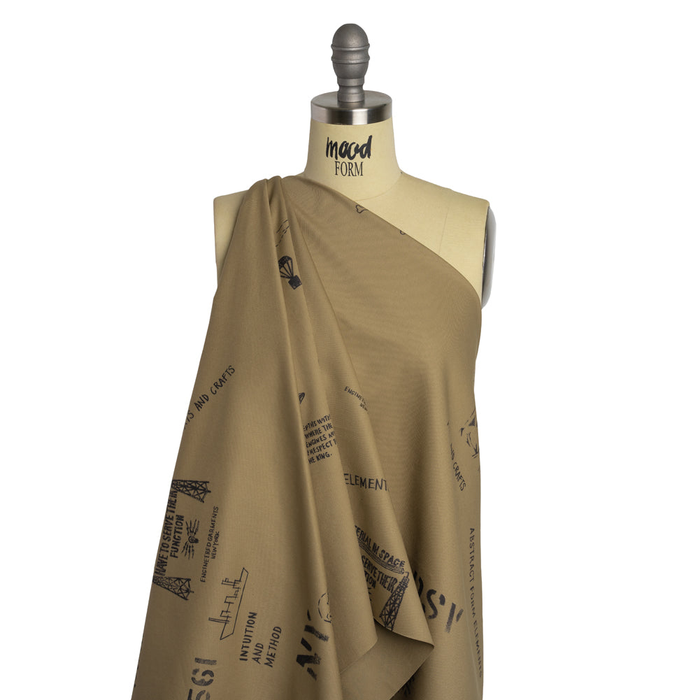 Cotton Twill Print - Khaki and Black Sketches and Stencils - Deadstock Cotton Twill Print - Khaki and Black Sketches and Stencils - Deadstock