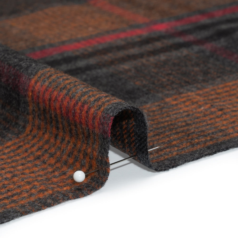 Cotton Twill Flannel - Charcoal, Burnt Orange and Red Plaid - Deadstock Cotton Twill Flannel - Charcoal, Burnt Orange and Red Plaid - Deadstock