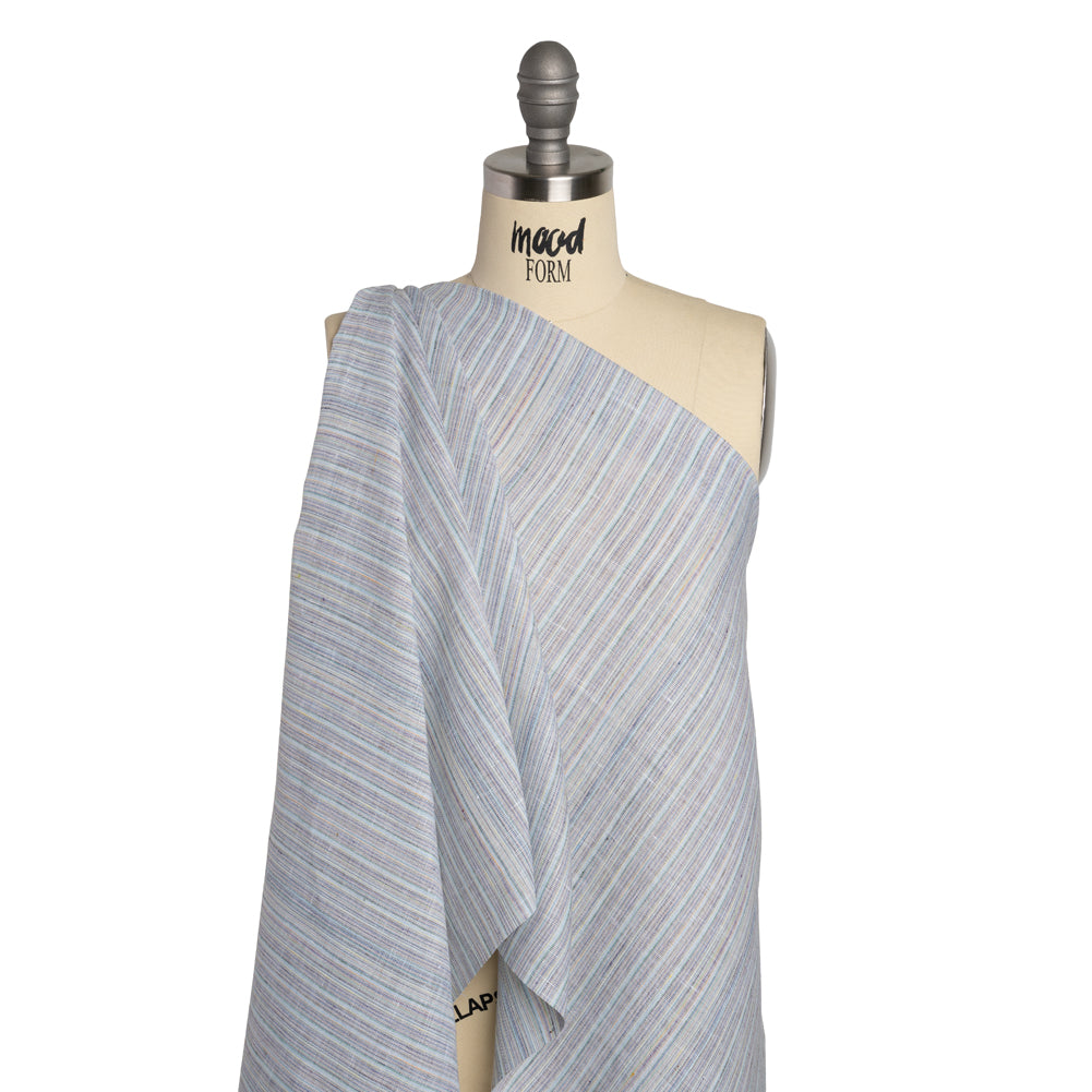 Medium Weight Linen Woven - Pastel Blue and Multicolor Stripes Drape Medium Weight Linen Woven - Pastel Blue and Multicolor Stripes Drape