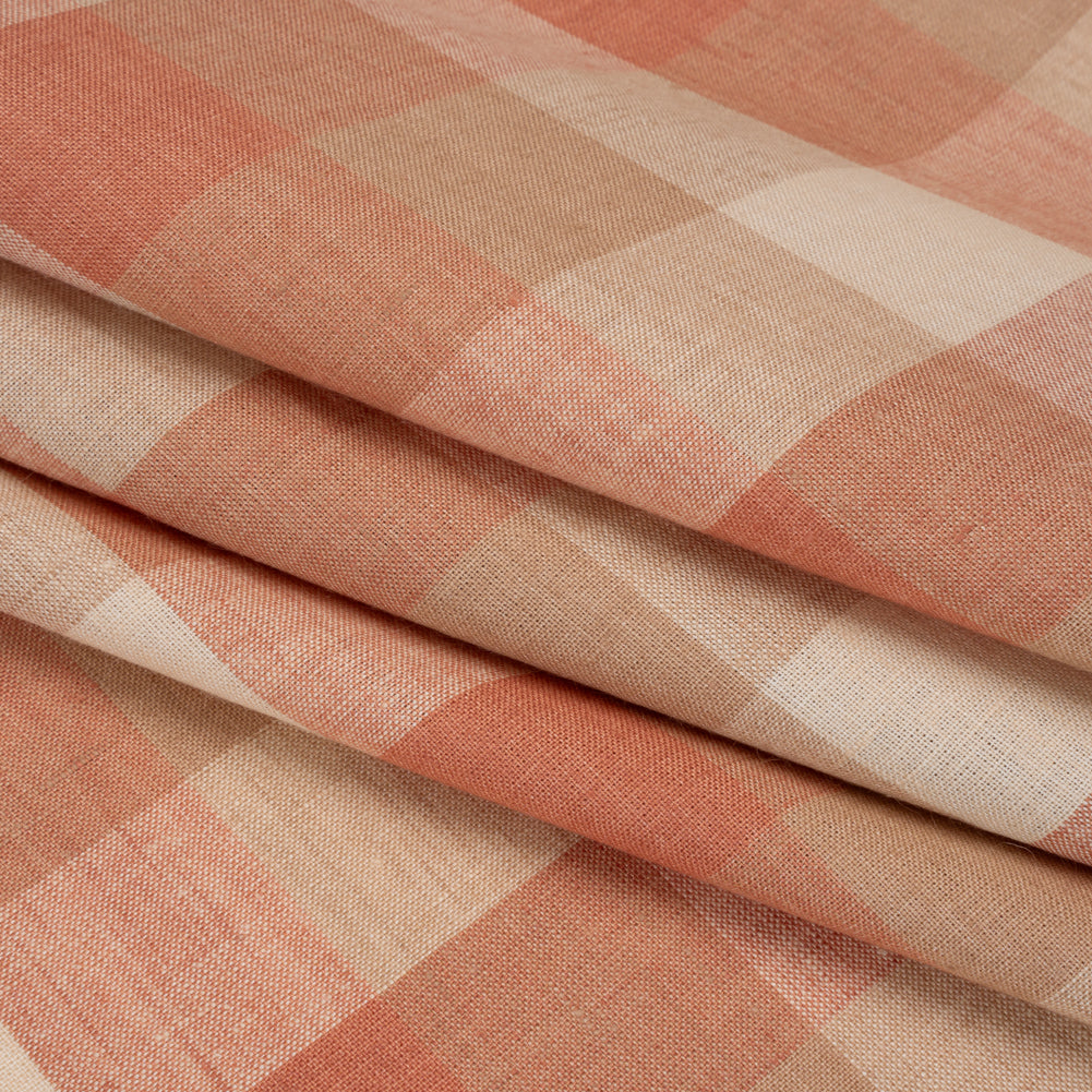 Medium Weight Linen Woven - Coral Pink, Beige and Cream Checkers Folded Medium Weight Linen Woven - Coral Pink, Beige and Cream Checkers Folded
