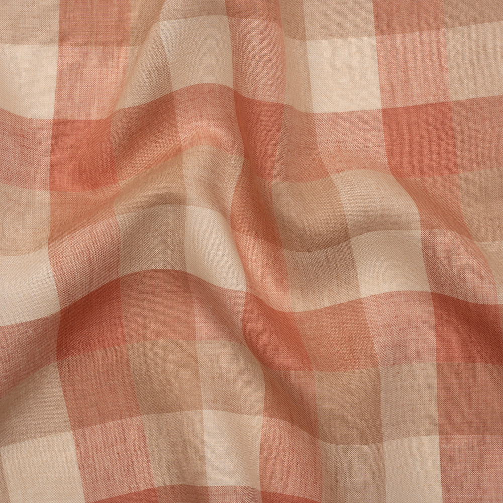 Medium Weight Linen Woven - Coral Pink, Beige and Cream Checkers Medium Weight Linen Woven - Coral Pink, Beige and Cream Checkers