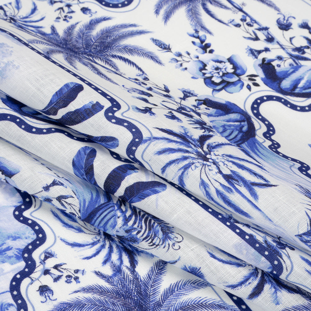 Lightweight Linen Woven - Blue and White Palms in Paradise Folded Lightweight Linen Woven - Blue and White Palms in Paradise Folded