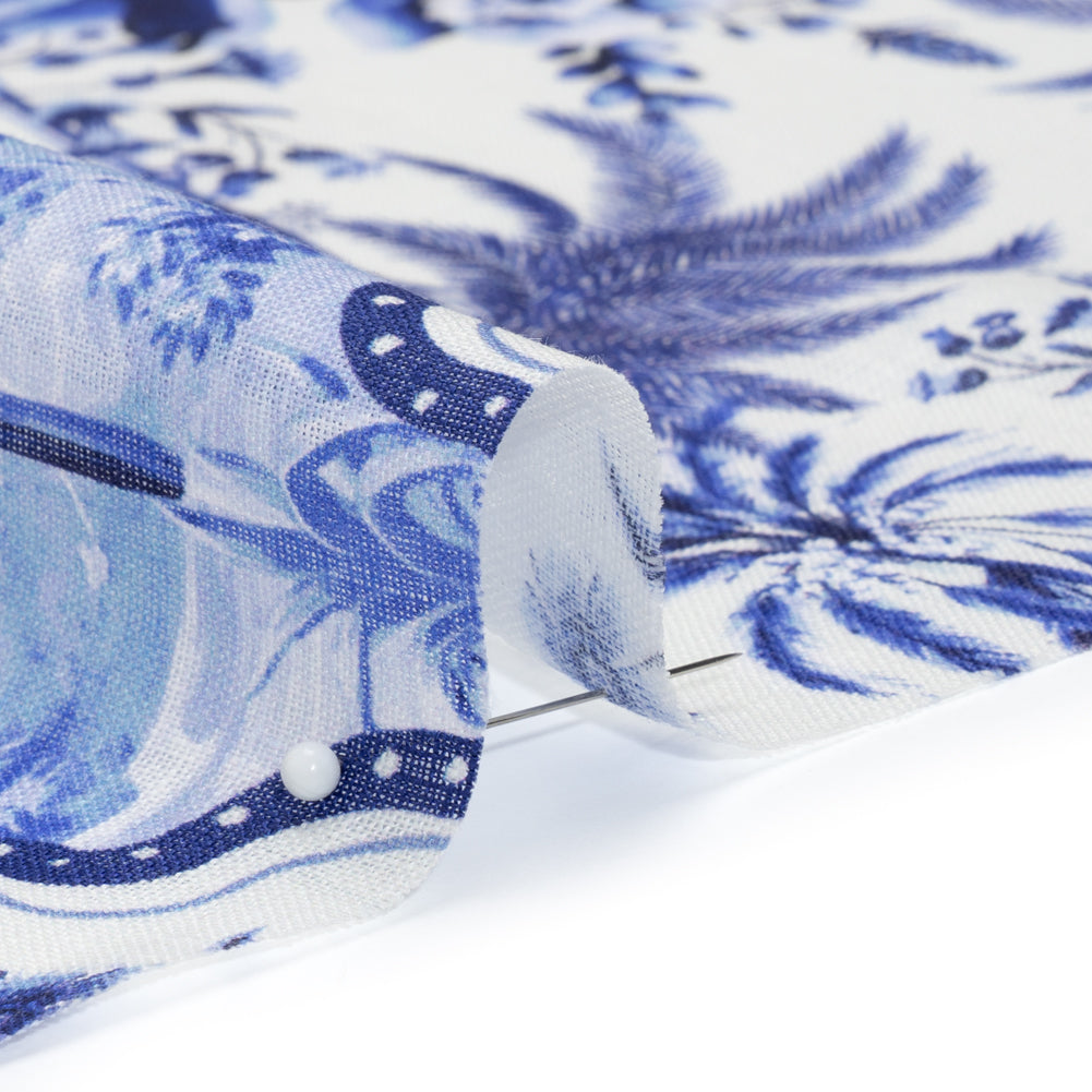 Lightweight Linen Woven - Blue and White Palms in Paradise Detail Lightweight Linen Woven - Blue and White Palms in Paradise Detail
